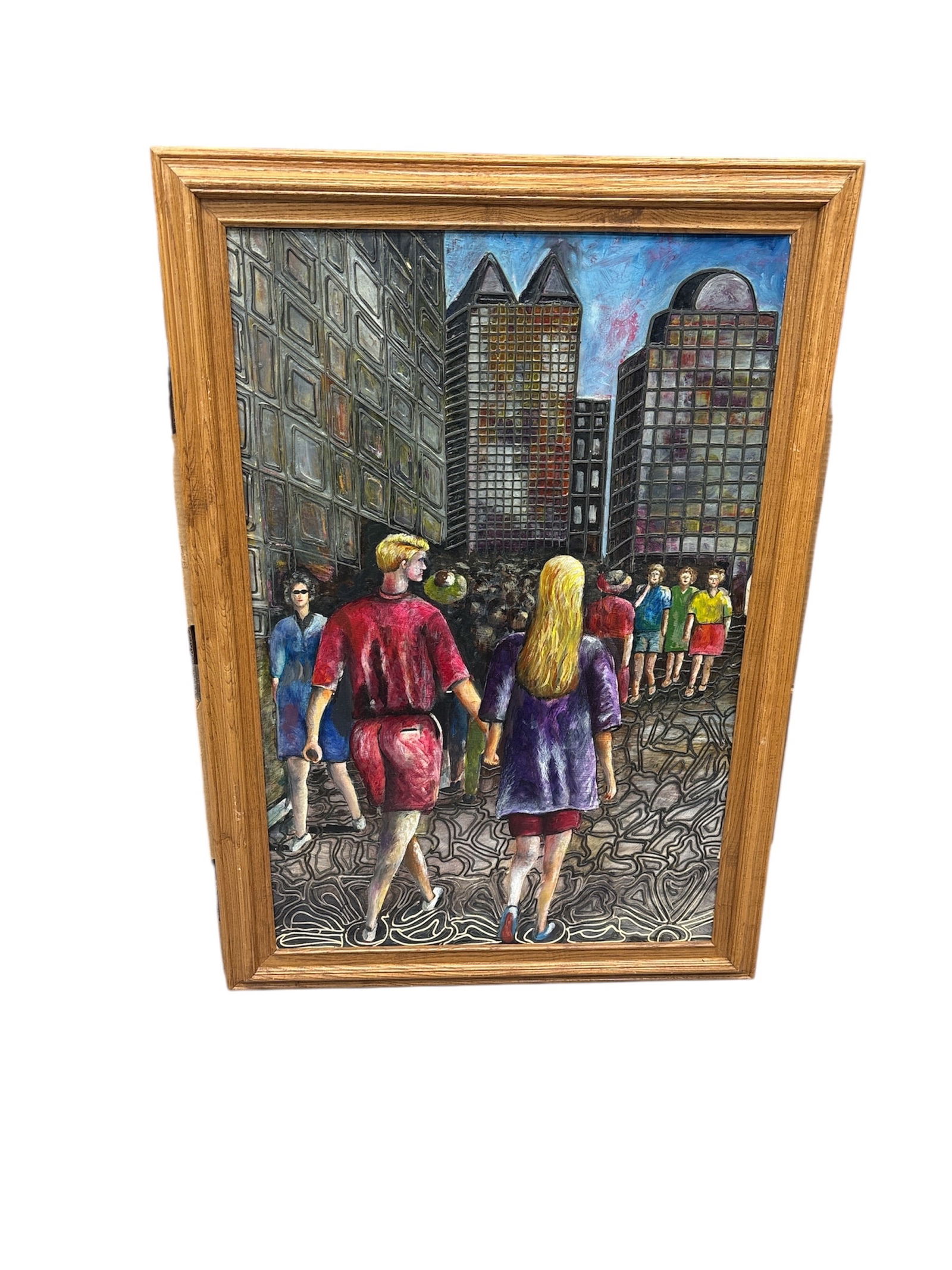 Stroll Through the City, Artist Unknown: Beautiful piece featuring a busy city street scene with numerous figures, possibly in a expressionist or illustrative style. Dimensions: 29x41