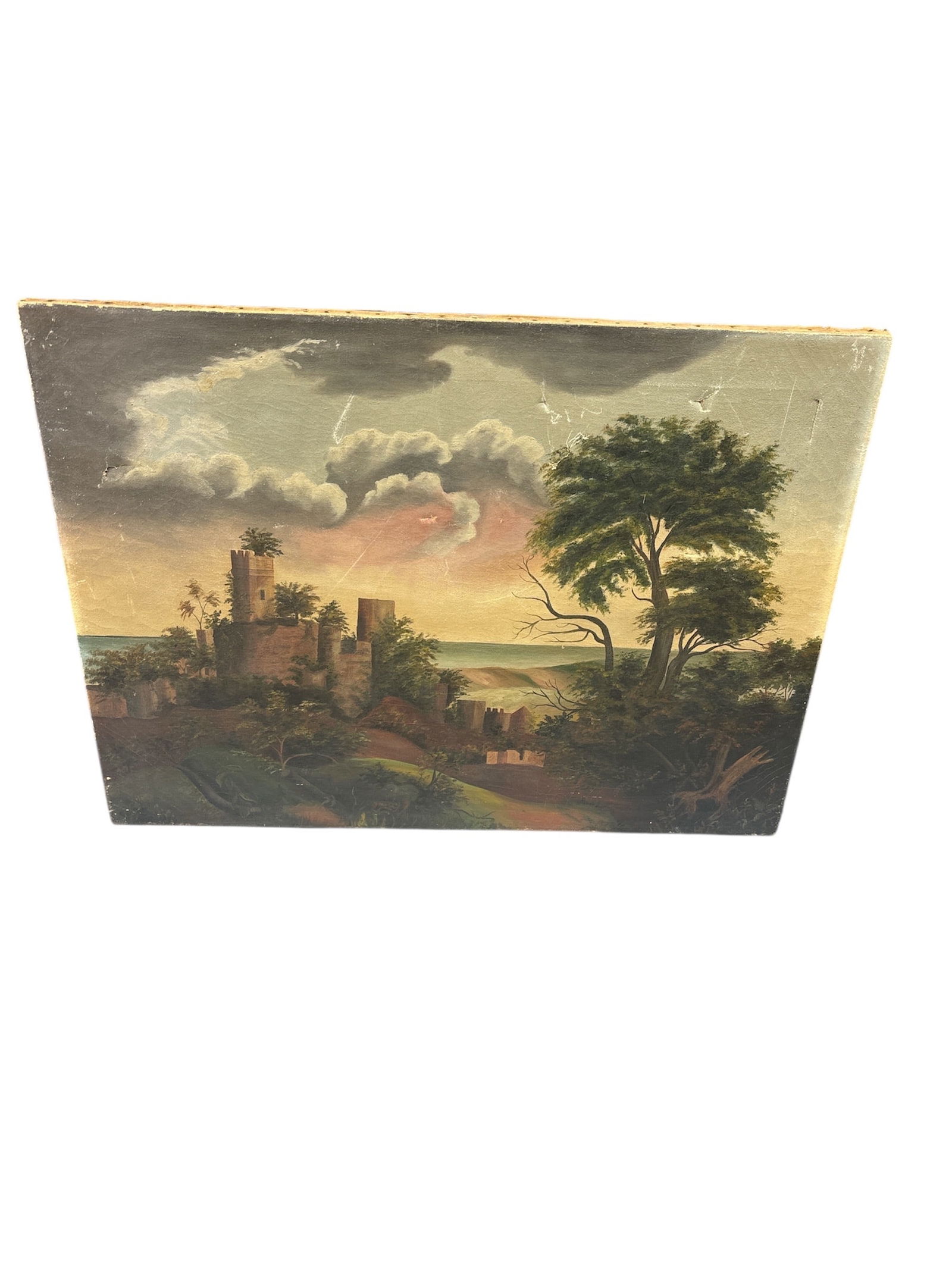 Antique 19th Century European School Romantic Landscape Oil Painting with Castle Ruins (1 of 5)