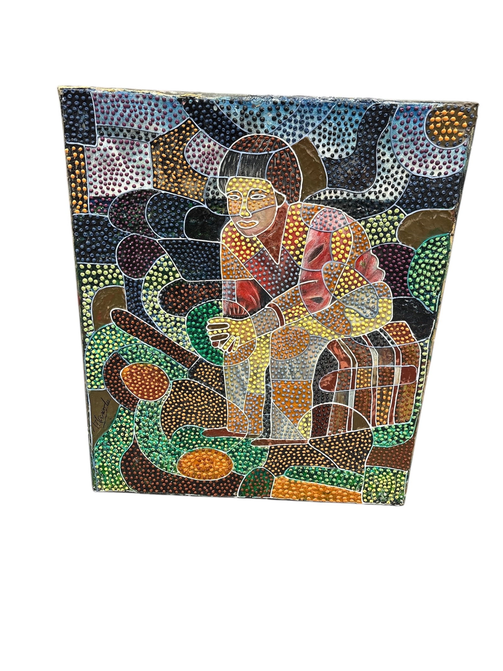 The Thinker, Signed, Artist Unknown: The artwork features a figure sitting on a striped surface, surrounded by abstract, colorful shapes created with a distinct pointillistic or mosaic style Dimensions;29x34