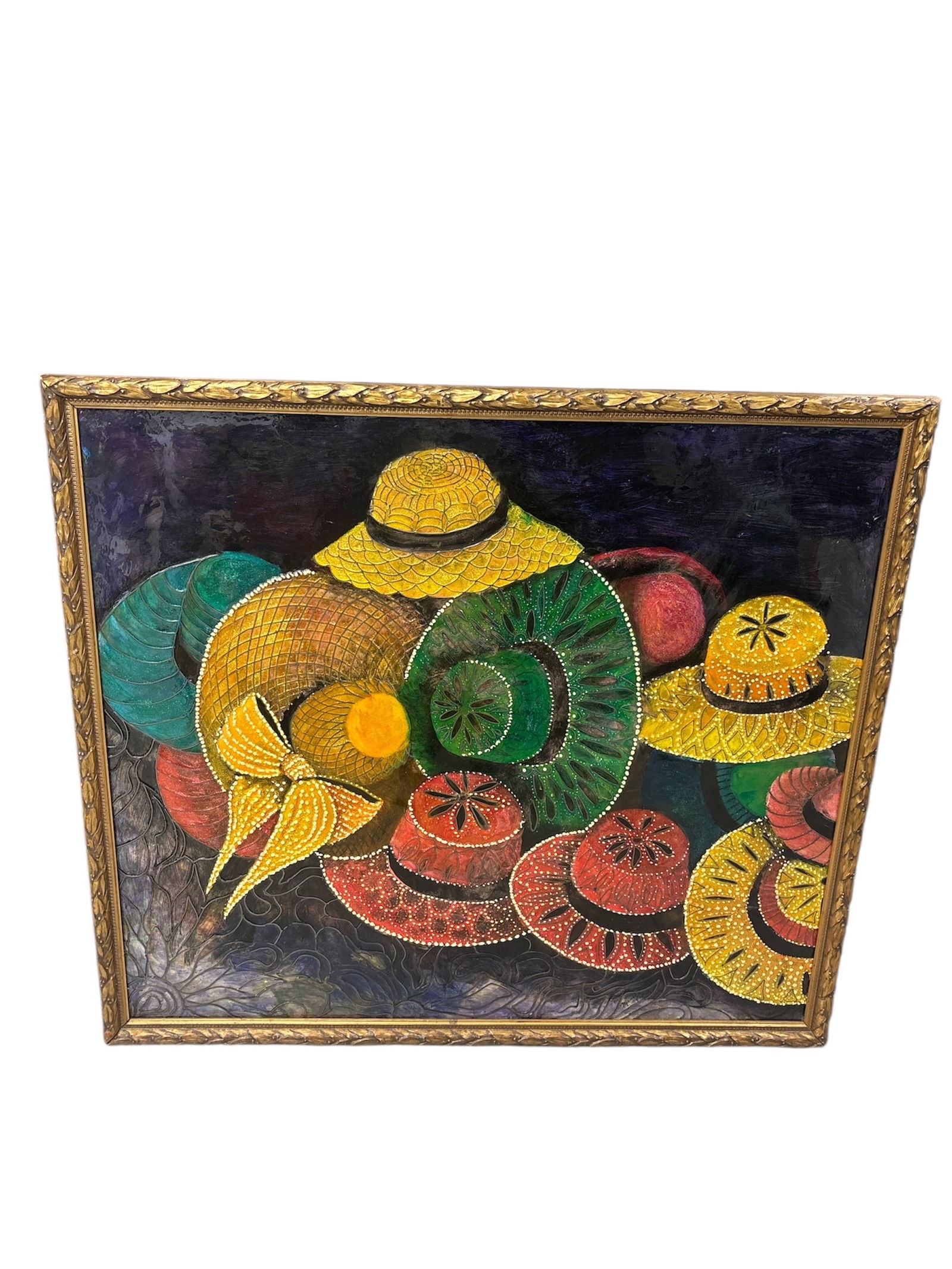 Hats Off: The artwork depicts multiple wide-brimmed and close-fitting hats in shades of yellow, green, red, blue, and gold, arranged against a dark background. The piece has a distinct, tactile appearance, poss