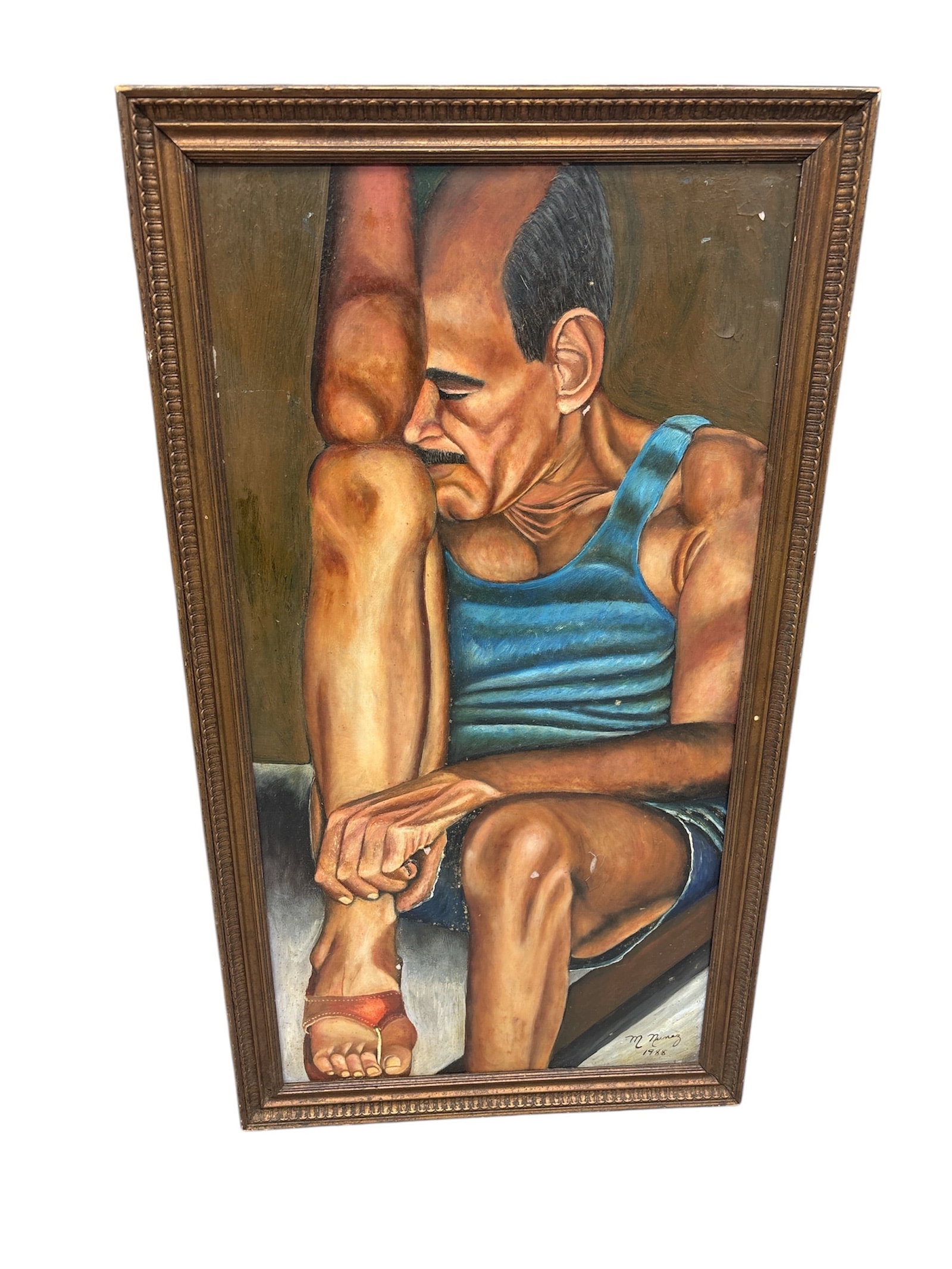 Manolo Nunez, Contemplating: This painting, features a seated man with a bald head, a mustache, and a blue and white striped tank top. He is shown leaning forward, resting