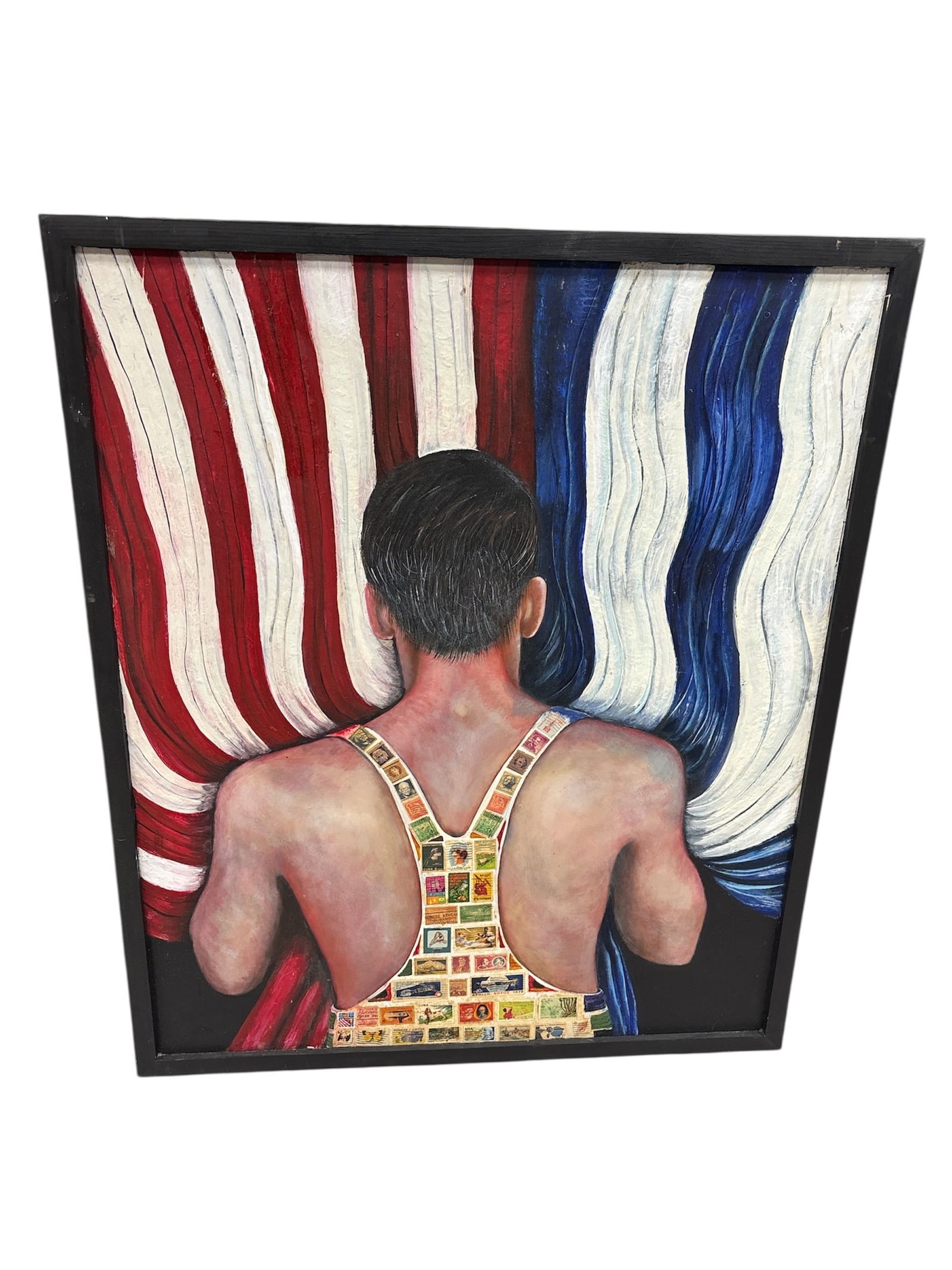 Come Fly With Me: The piece uses a combination of watercolor and collage. It depicts a figure from behind, draped in an American flag, wearing a garment created from an intricate collage