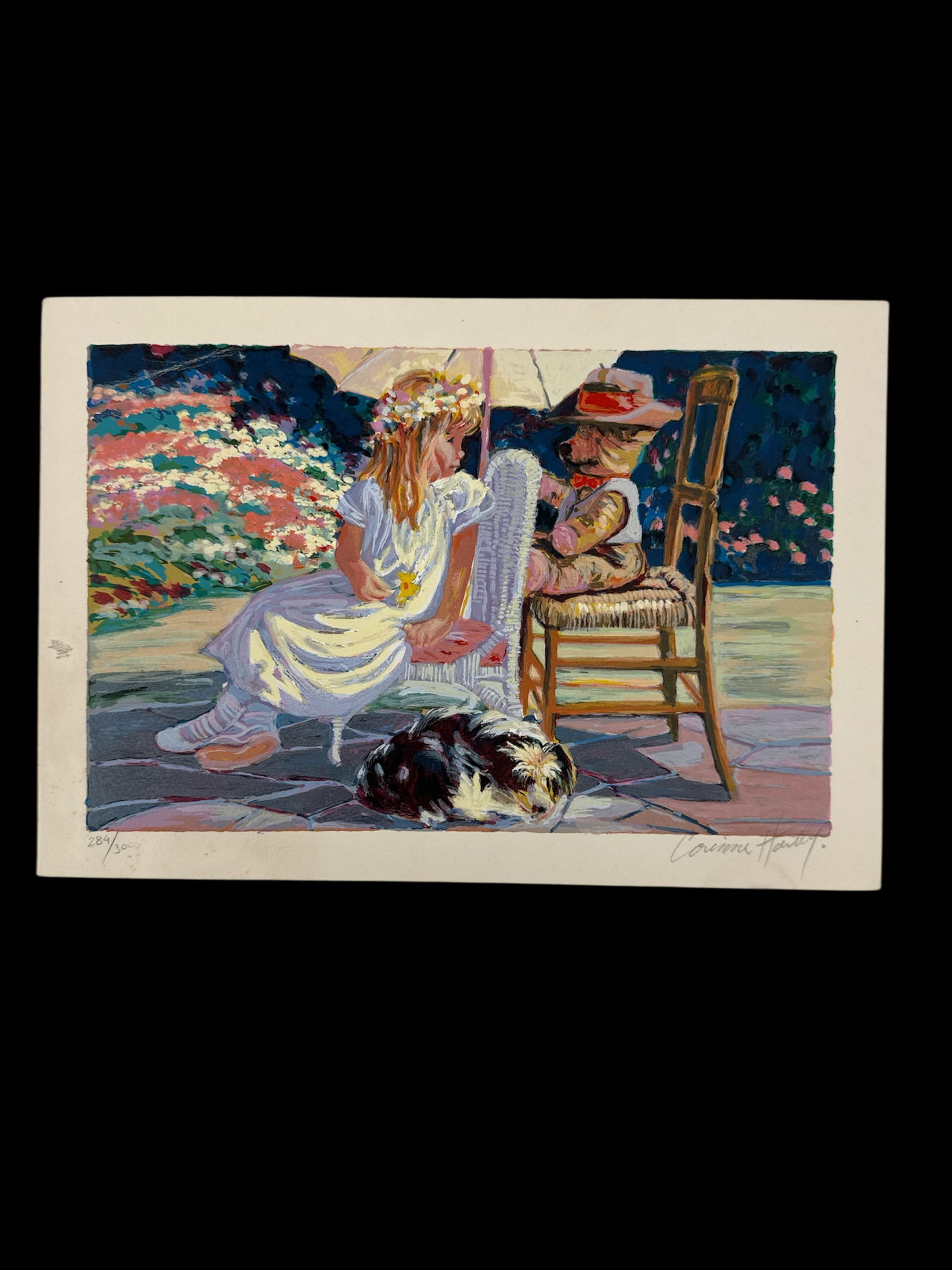 Corinne Hartley Signed Print - Flowering Friendship: Limited edition hand signed print by Corinne Hartley depicting a young girl with a dog and a doll. Numbered 284/300. Dimensions: 11 x 16 inches.