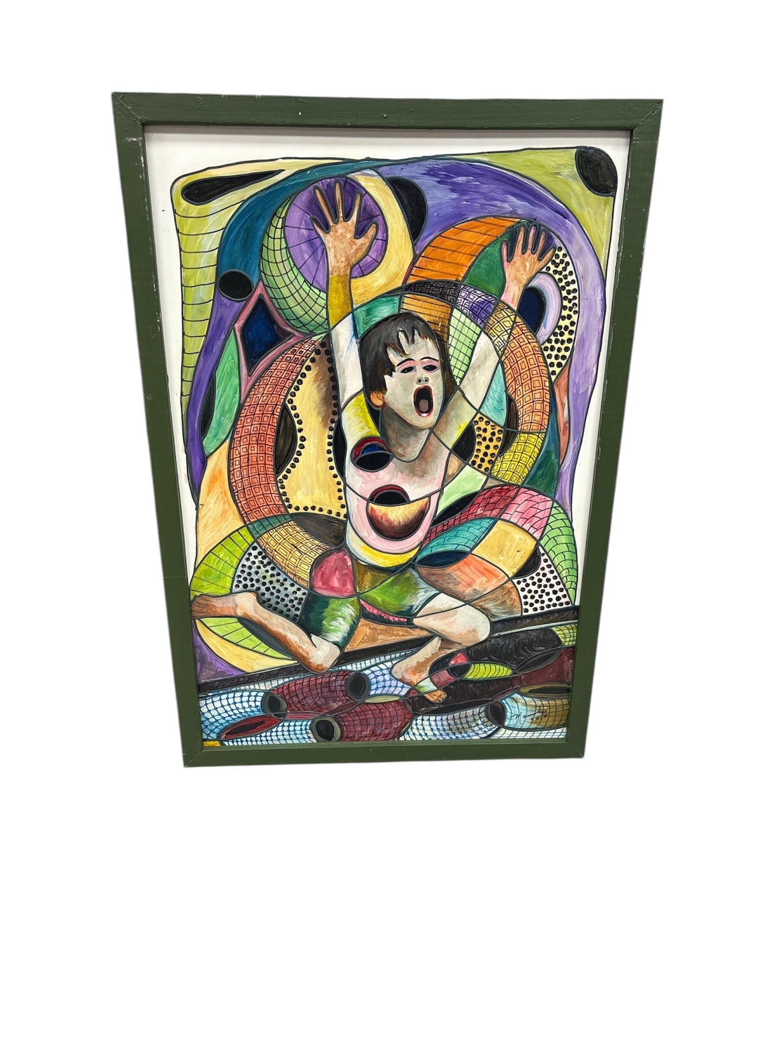 Surrender - Manolo Nunez: This piece features an abstract, expressionistic style with bold colors and dynamic lines. The image displays a figure with hands raised and an open mouth, surrounded by swirling, segmented shapes in