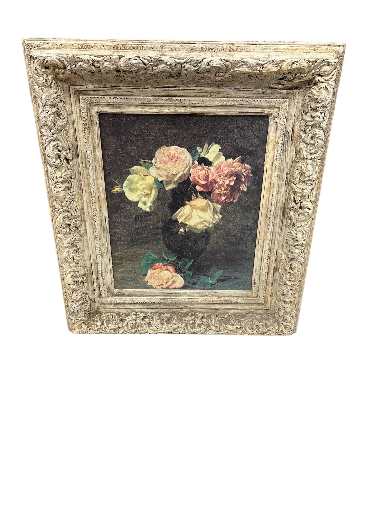"Roses in a Vase" - A Still Life Oil Painting in the Style of Henri Fantin-Latour: escriptionThis work is a charming still-life oil painting, on canvas or board, that captures the delicate, atmospheric style characteristic of 19th-century French master Henri
