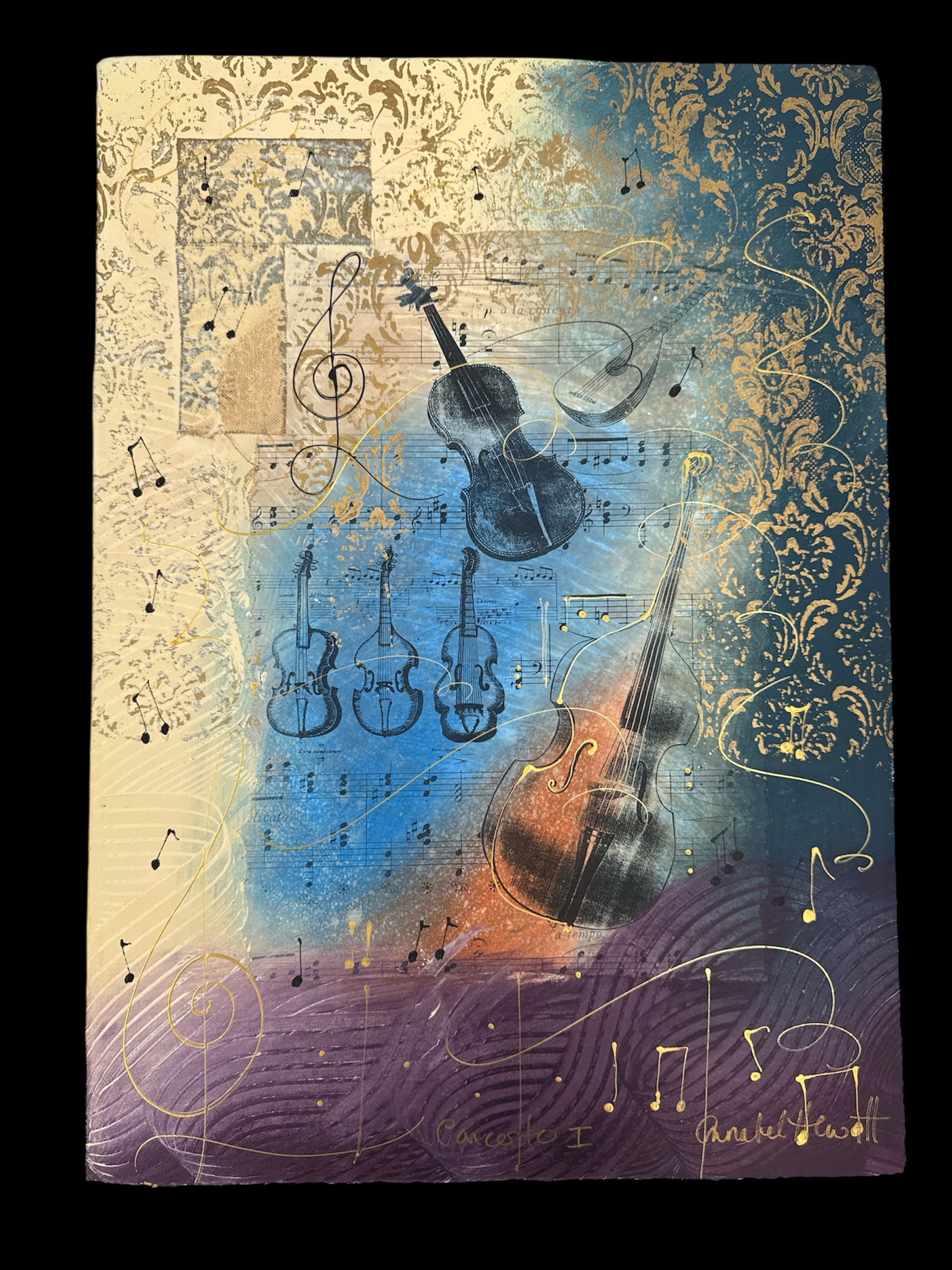 "Concerto I" by Anabel Hewitt (England, b.1946) Mixed Media on Paper: Description: Elegant original mixed-media composition featuring violins, sheet music, and musical notations layered over a richly textured background of gold, blue, and purple tones. Metallic accents