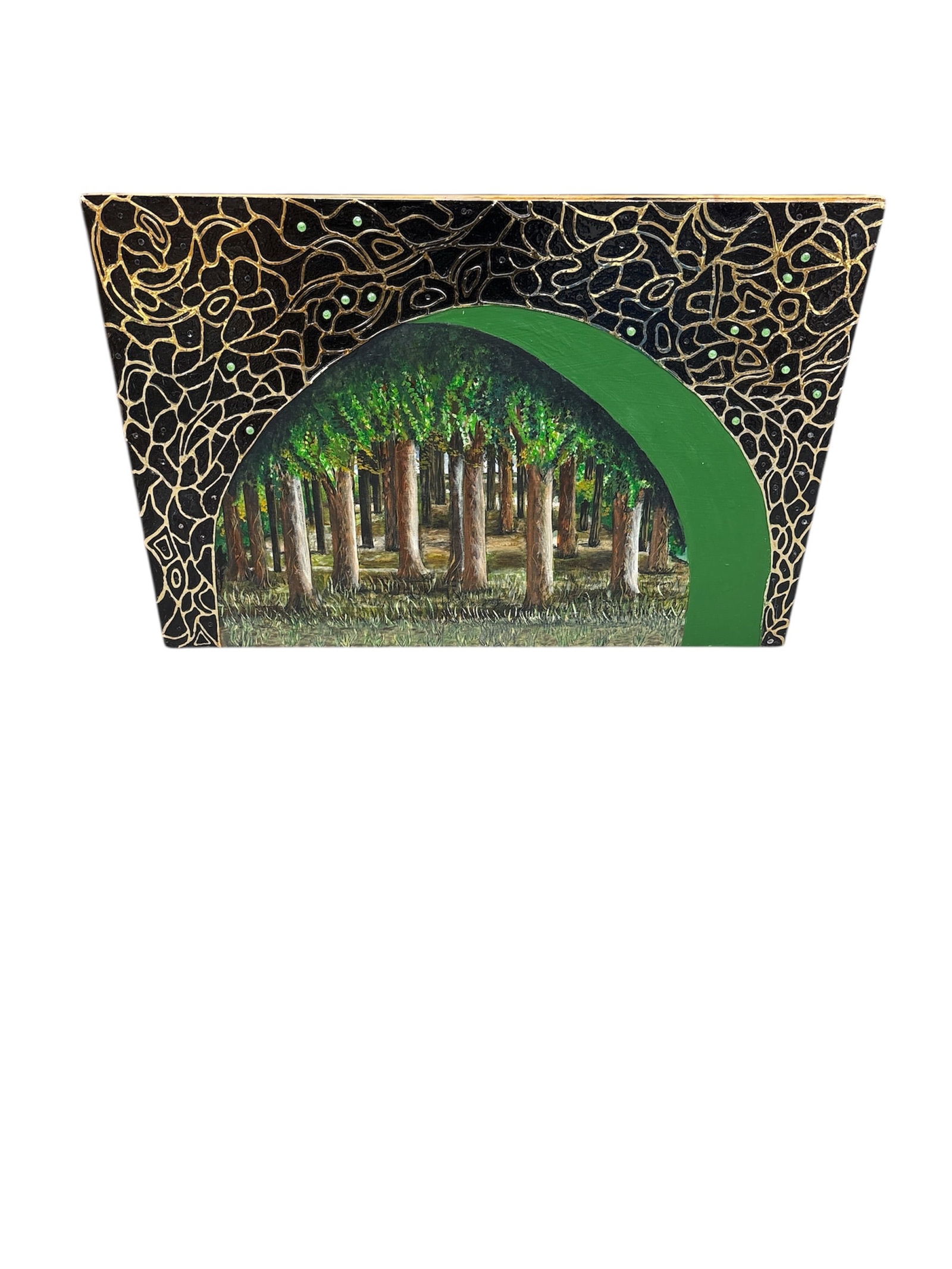 Arch Through the Woods: The artwork features a vibrant, textured green archway that reveals a dense scene of trees with green foliage and light brown trunks. The surrounding area has a black background decorated with an