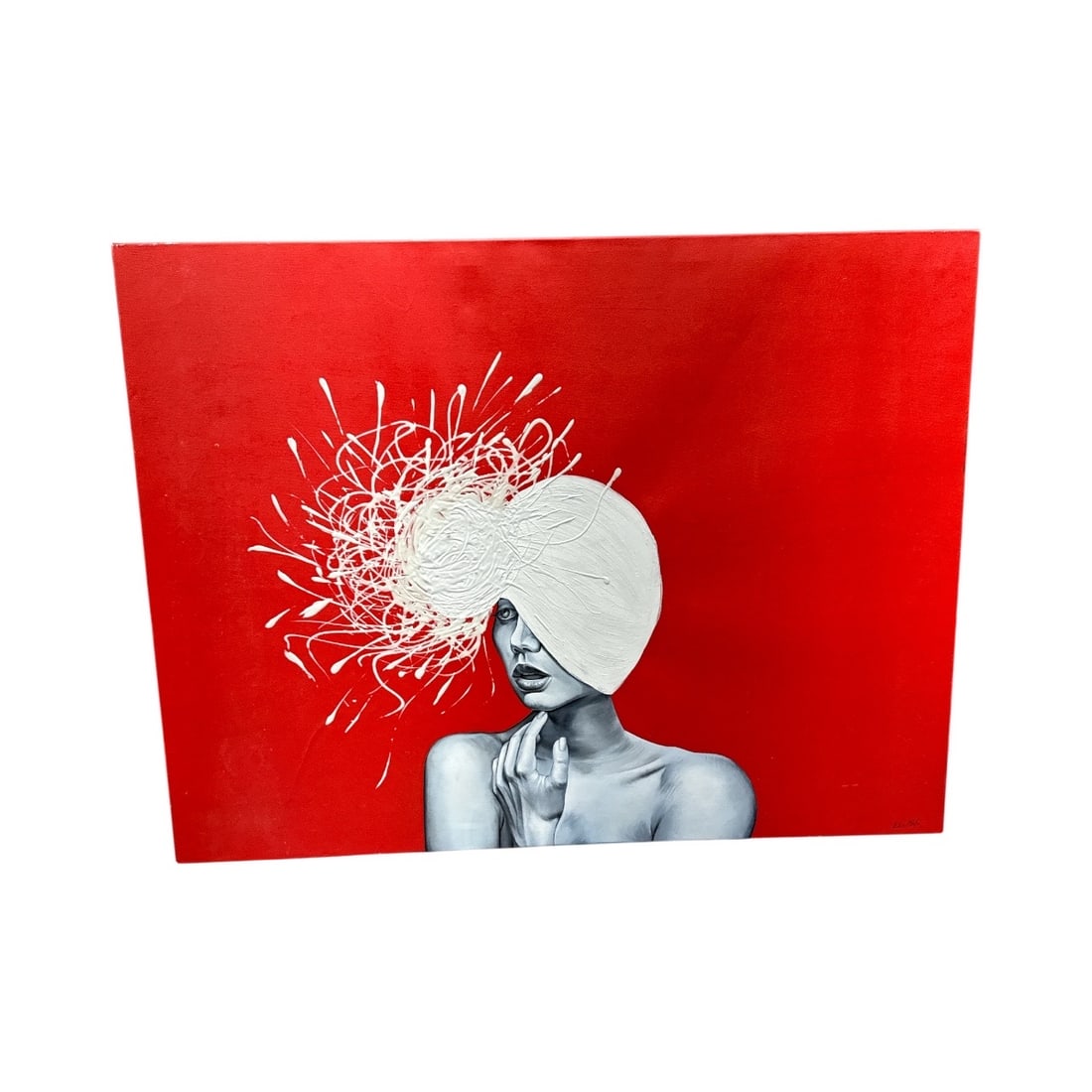 Alex Melo Monochrome Portrait with White Abstract Headpiece: Contemporary artwork by Alex Melo featuring a grayscale female figure set against a vivid red background, accented by a bold white abstract headpiece with energetic linear detailing. Strong contrast