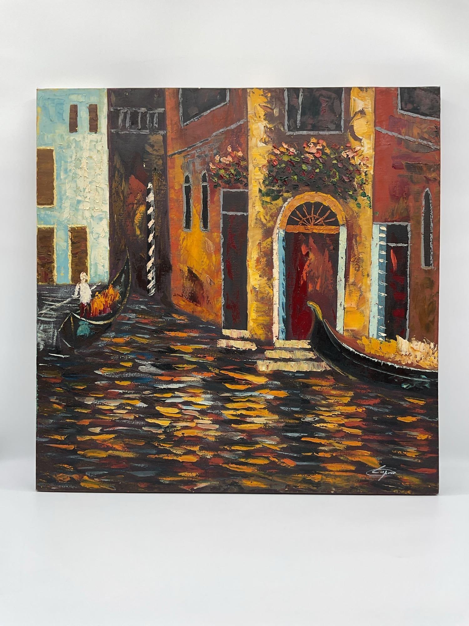 Venetian Canal Painting by Slava Ilyayev: Vivid palette knife painting of a gondola along a colorful Venetian canal, with bold textured strokes and rich reflections in the water. Features a flower adorned balcony and warm architectural