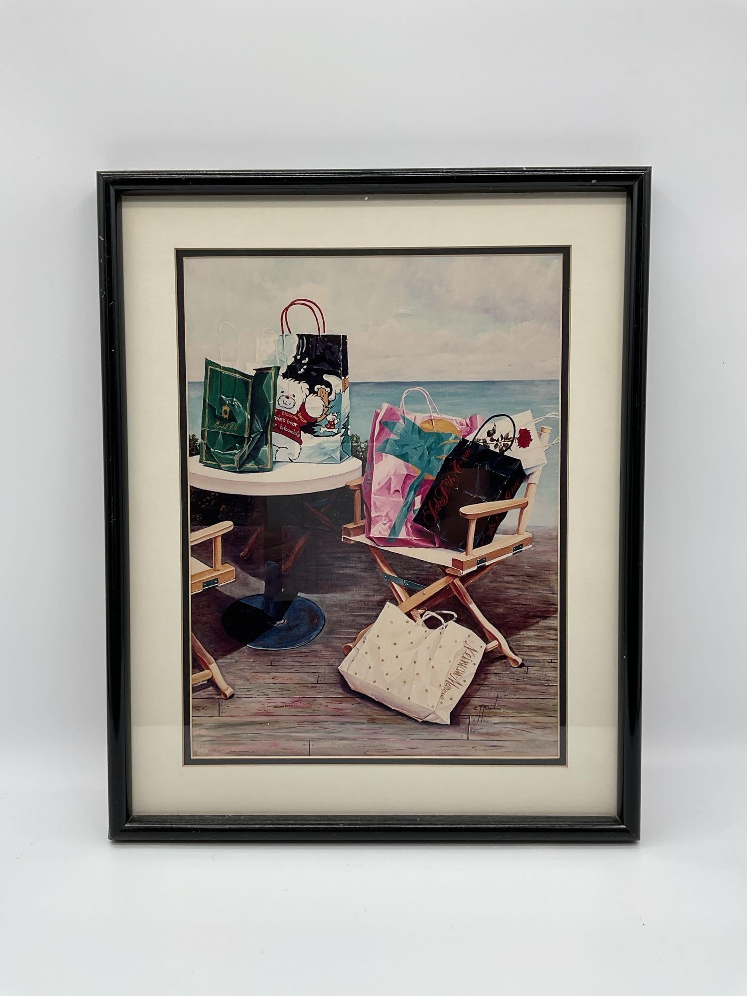 Beachside Boutique Bags by T.R. Dawkins: Vibrant limited-edition art print by Thomas R. Dawkins titled Broward Shop, depicting colorful shopping bags resting on director's chairs with a seaside backdrop. This whimsical coastal scene