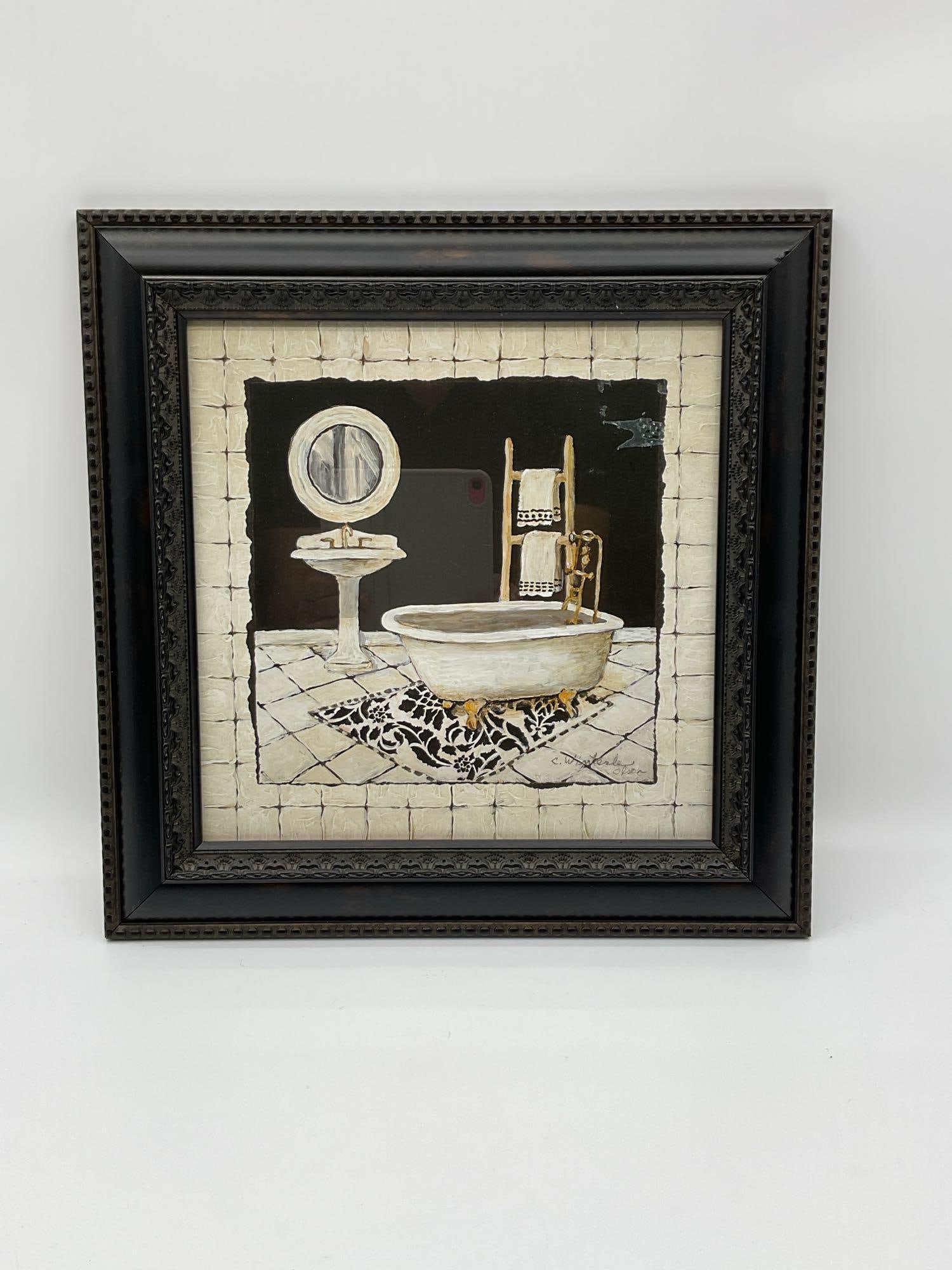 Elegant Bath Scene: Charming mixed media artwork of a vintage bathroom interior featuring a clawfoot bathtub, pedestal sink, round mirror, and a towel ladder. The textured tile background and patterned rug add depth and