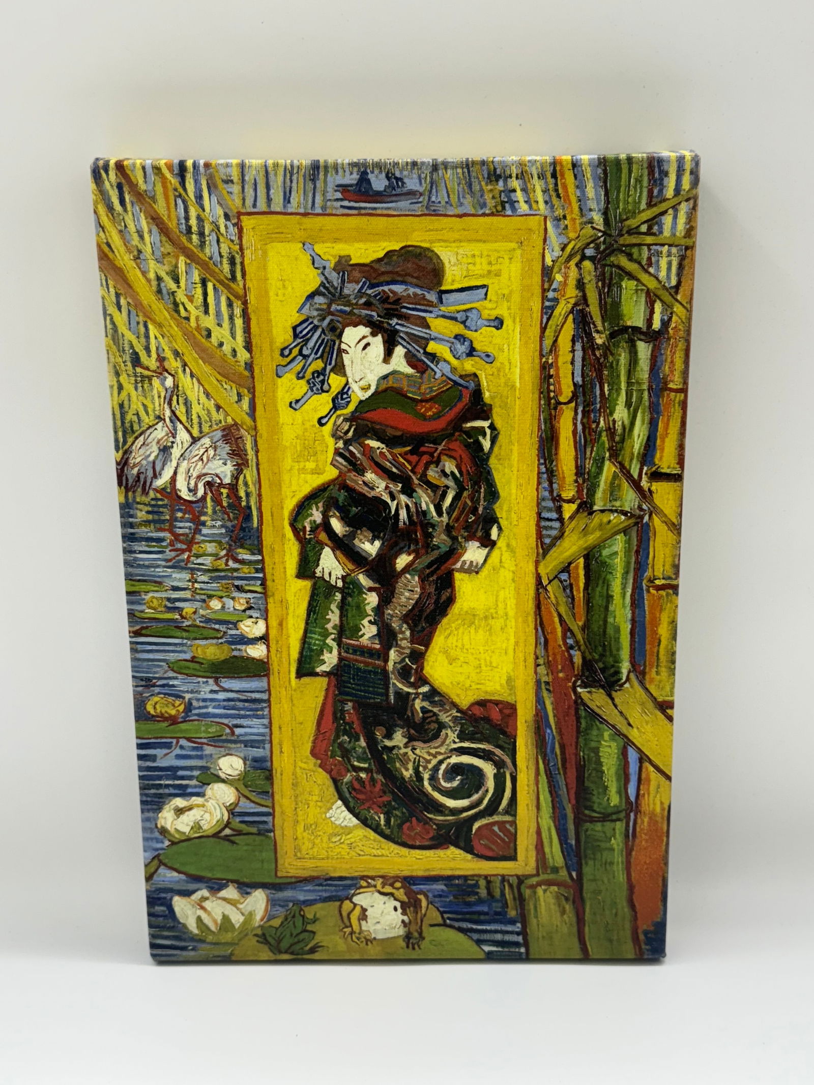 After Van Gogh, La Japonaise (Courtesan) Giclee: Description: Canvas print after Vincent van Gogh's 'La Japonaise (Courtesan),' also known as 'Oiran'. The print depicts a woman in traditional Japanese attire against a vibrant yel