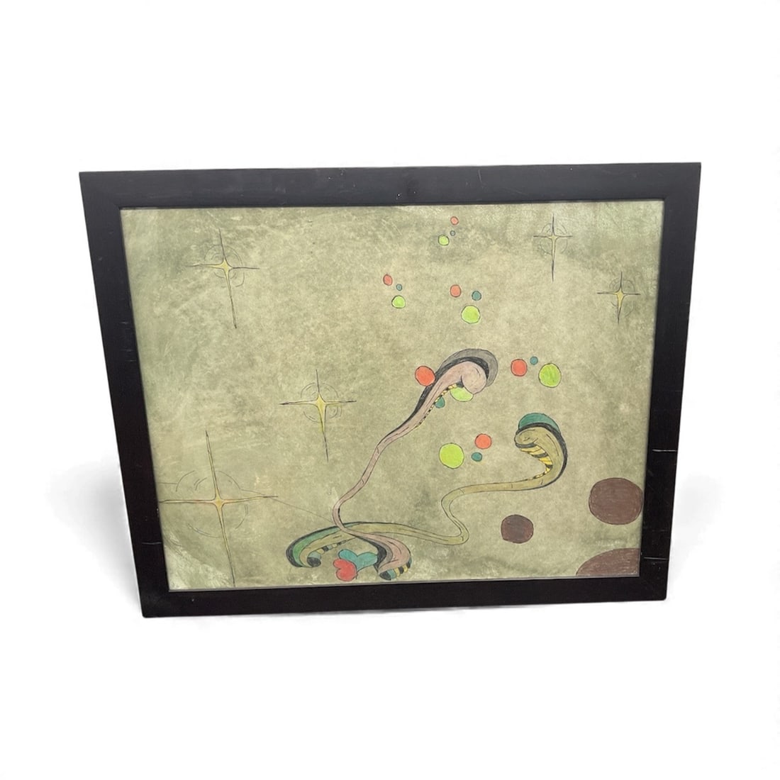 Abstract Composition by Alejandro Corao: Organic abstract artwork with flowing biomorphic shapes and hand-colored circular elements. The piece shows visible pencil and ink outlines with individually applied color, suggesting a hand-finished