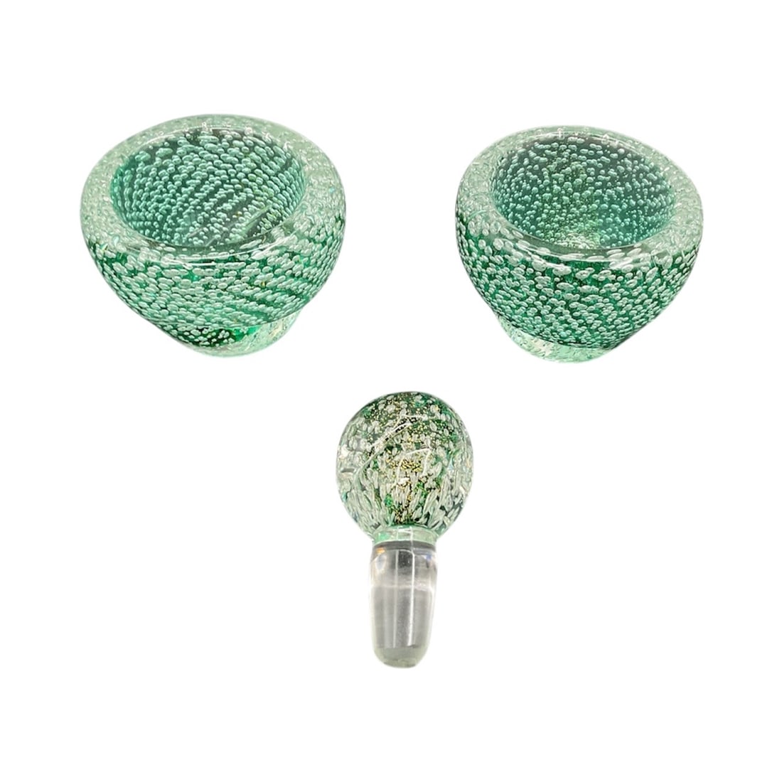 Green Art Glass Bowl and Bottle Stopper Set: each bowl Dimensions: H: 2in Diameter:3 instopper L: 2 in 