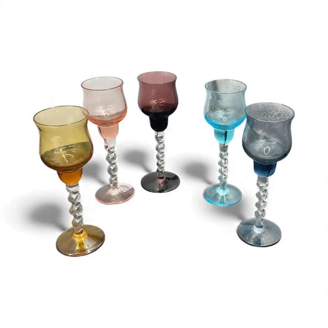 Set of Five Twisted-Stem Colored Sherry Glasses (1 of 2)