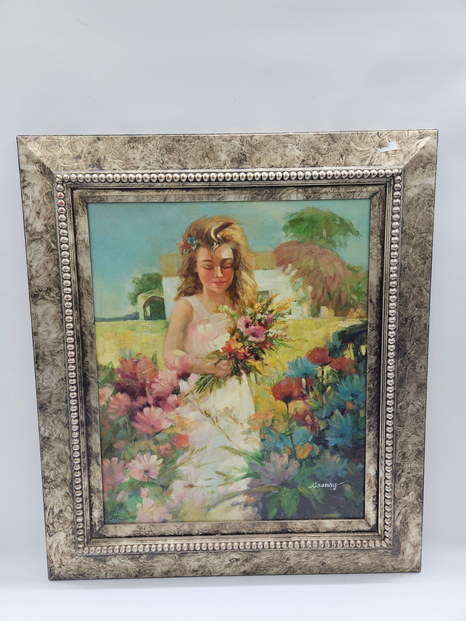 Xiaoming, Girl with Flowers, Oil on Canvas: Oil on canvas painting depicting a girl with flowers, signed 'Xiaoming' lower right. Framed. Dimensions: H: 32in W: 28in