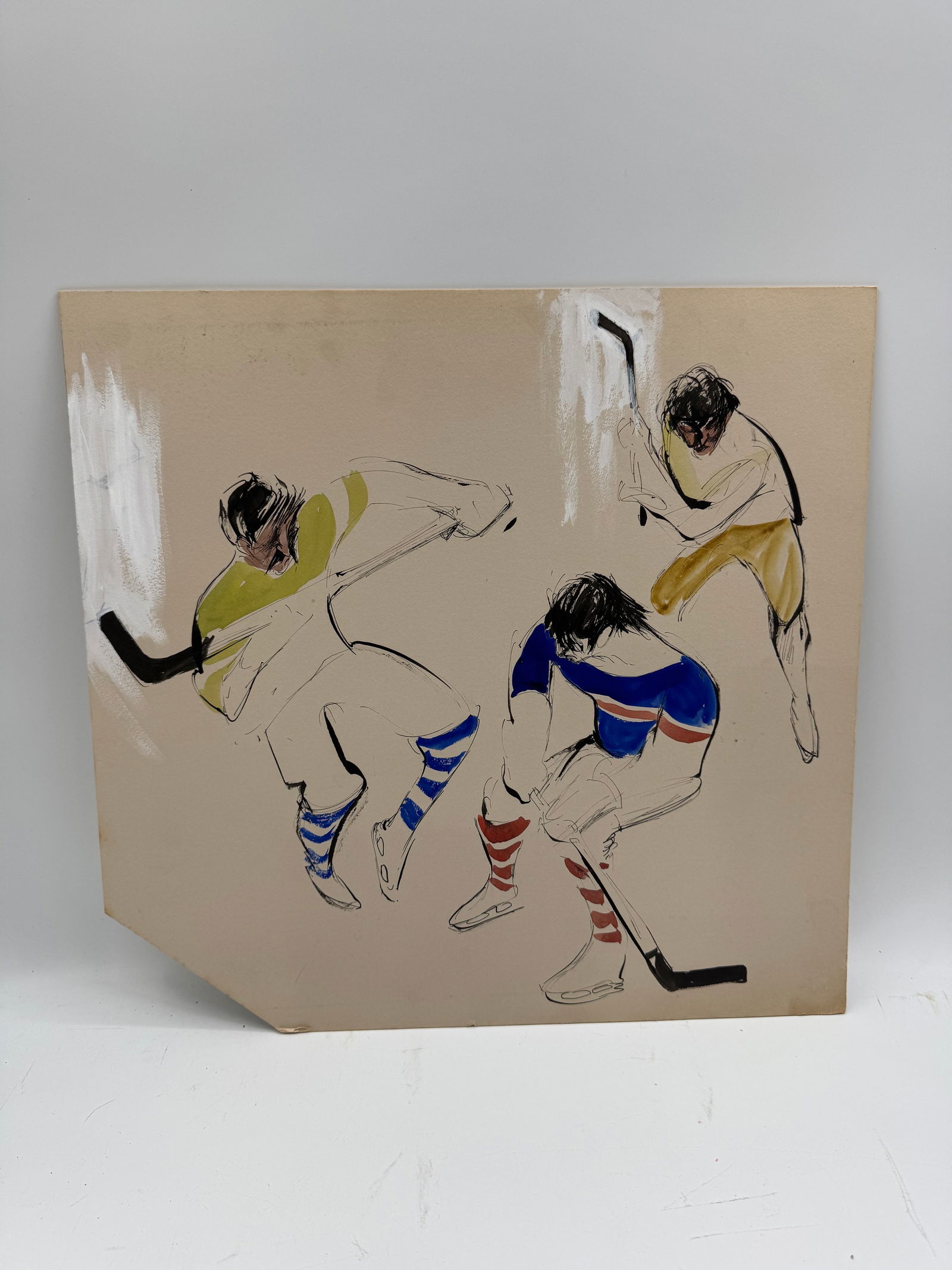 Hockey Players Illustration: Illustration of three hockey players in action. Ink and gouache on paper. Approximately 19 x 19 inches.