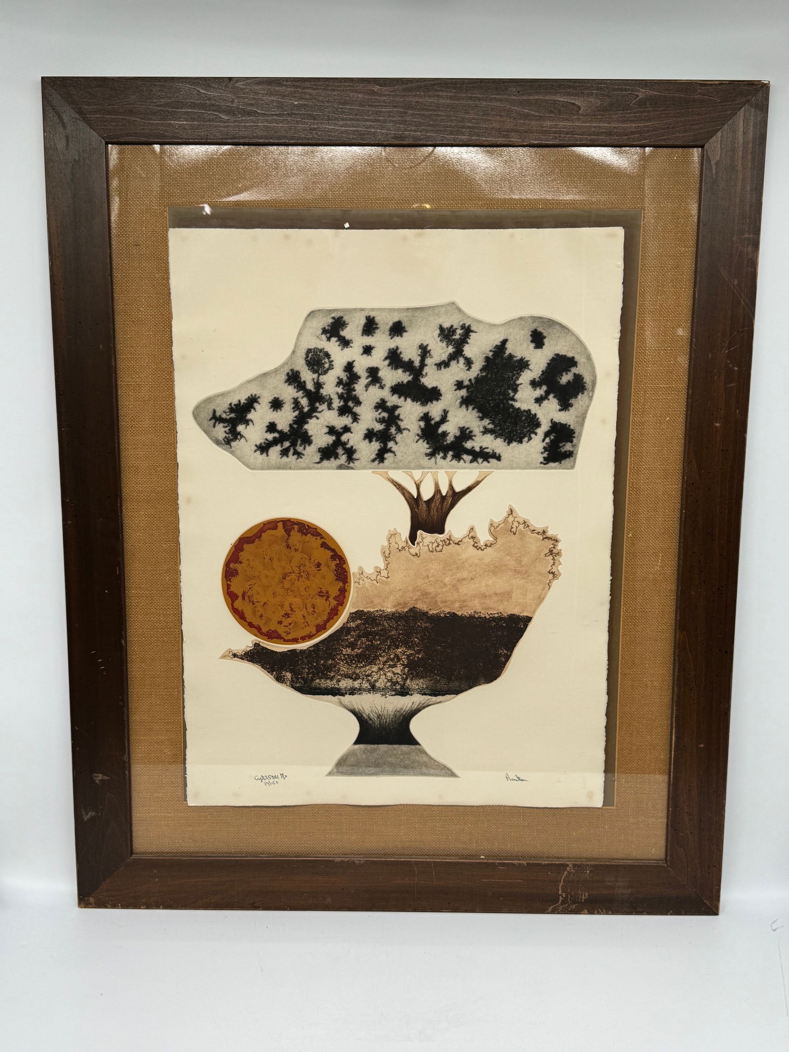 Hamilton Abstract Landscape 89/150: This limited edition lithograph by Hamilton, numbered 89/150, presents a surreal and abstract interpretation of a landscape. The composition centers on a stylized vessel-like form that supports layere