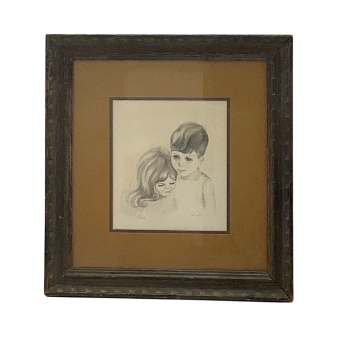 “Children?? Limited Edition Print by Karola (57/100): A tender black-and-white limited edition print depicting two children in a soft, gentle pose—one leaning affectionately against the other. The artwork is signed Karola