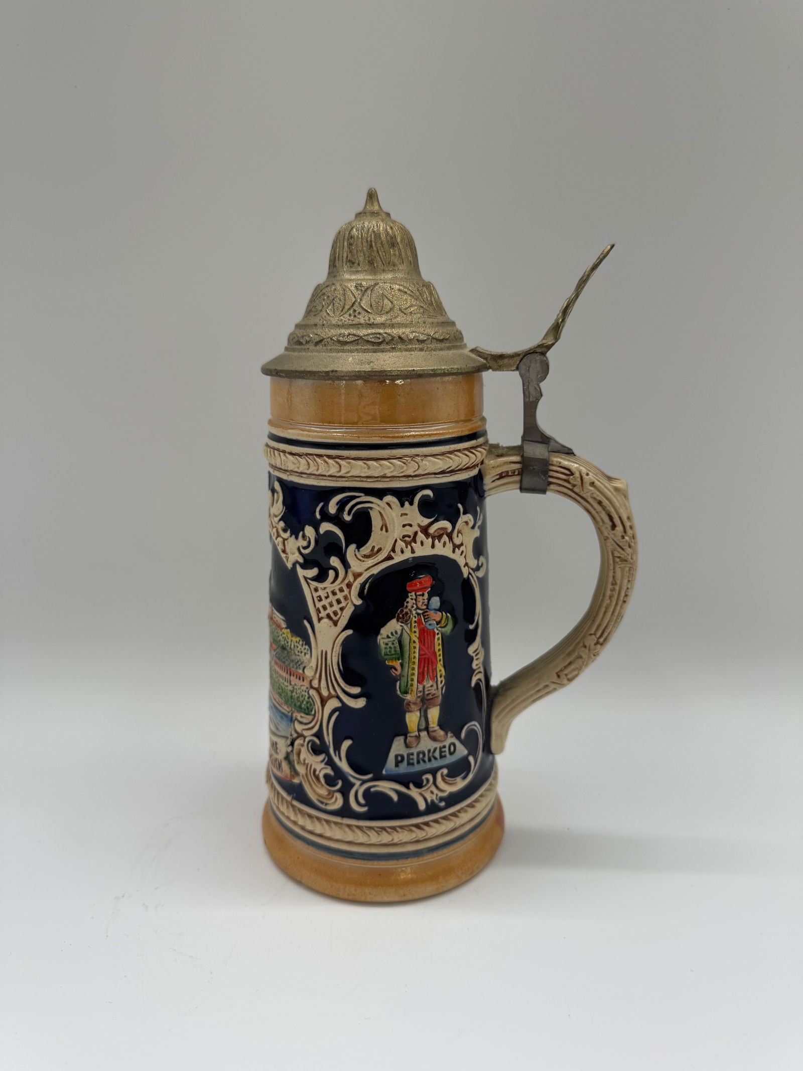 Vintage German Lidded Beer Stein with “Paris?? Figure, Cobalt Ground, Relief Decoration (1 of 5)