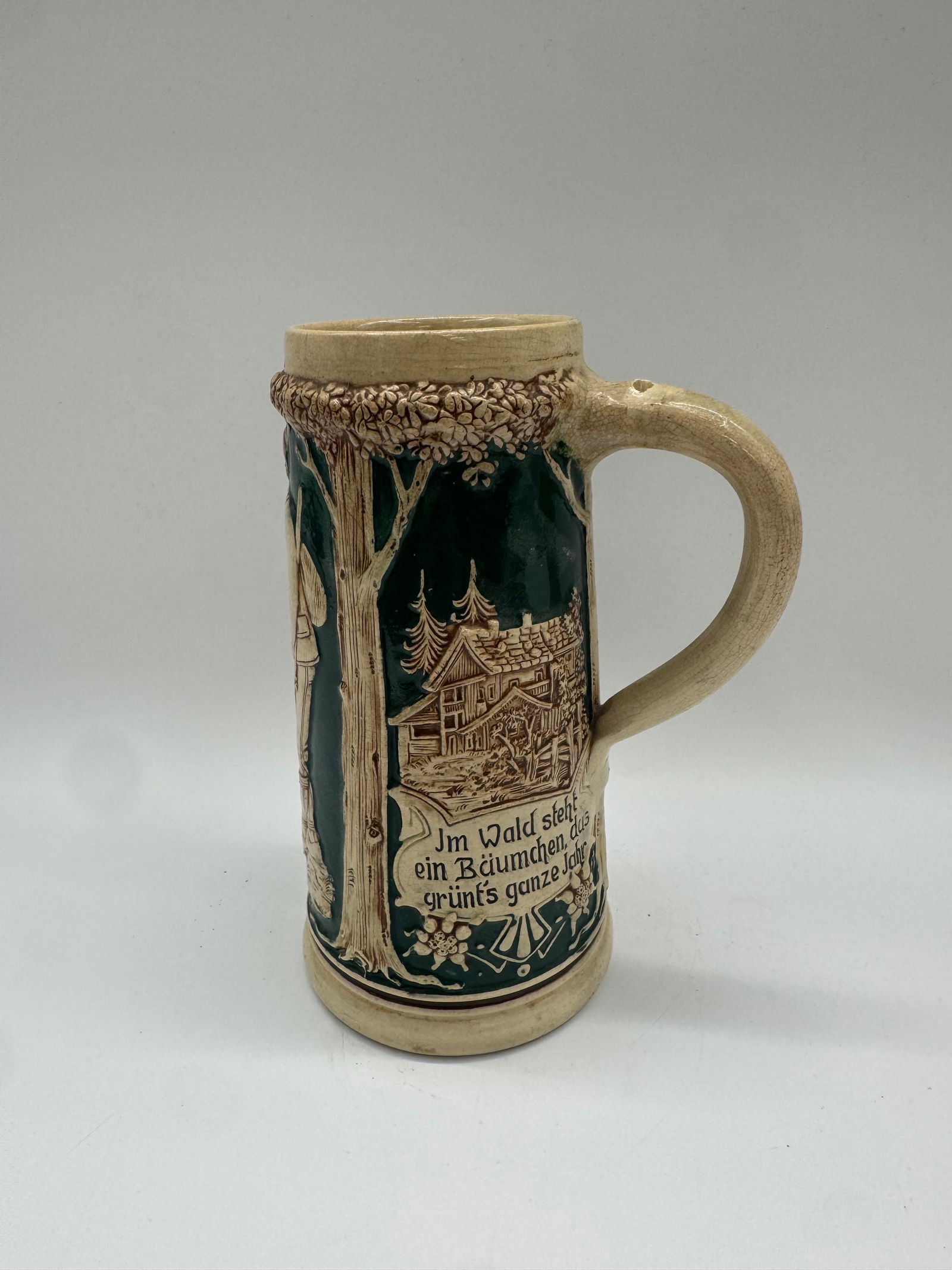 Vintage German Beer Stein with Forest Lodge Scene & German Verse, Cobalt and Cream (1 of 5)