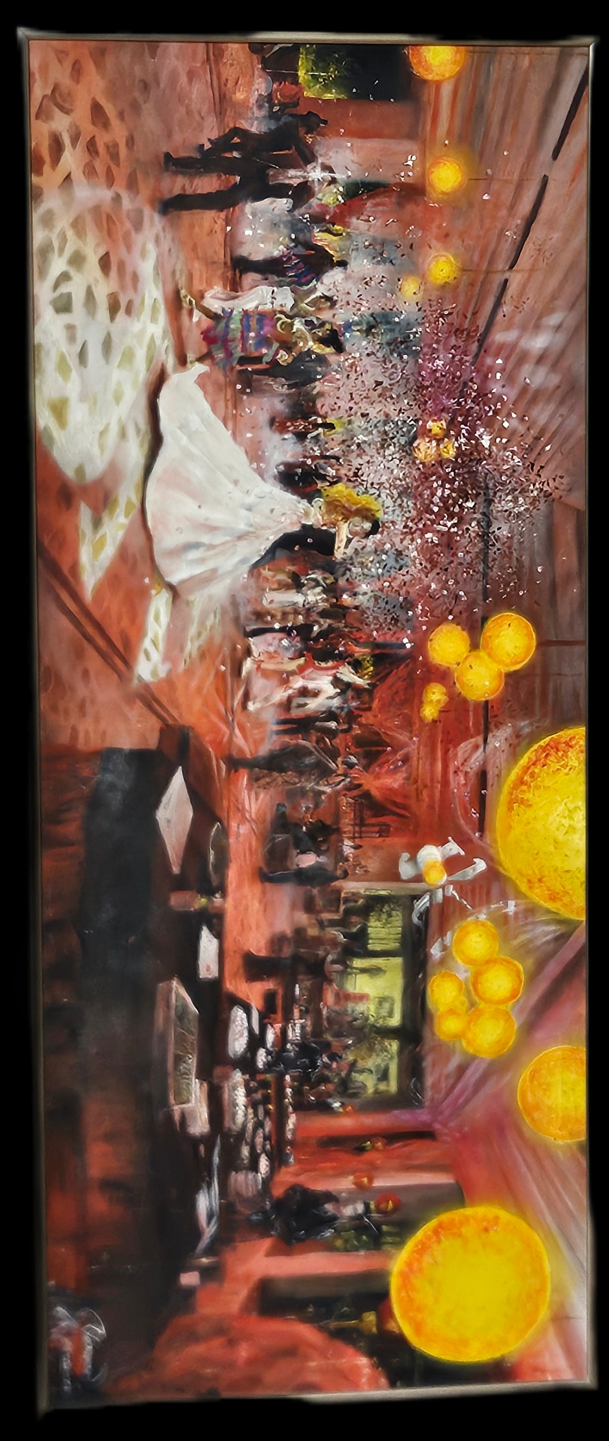 Wedding Celebration by Yamere 2007: A dynamic and colorful wedding scene featuring the bride and groom at the center surrounded by guests, warm décor, and glowing floating orbs that add a festive, dreamlike effect. The piece is