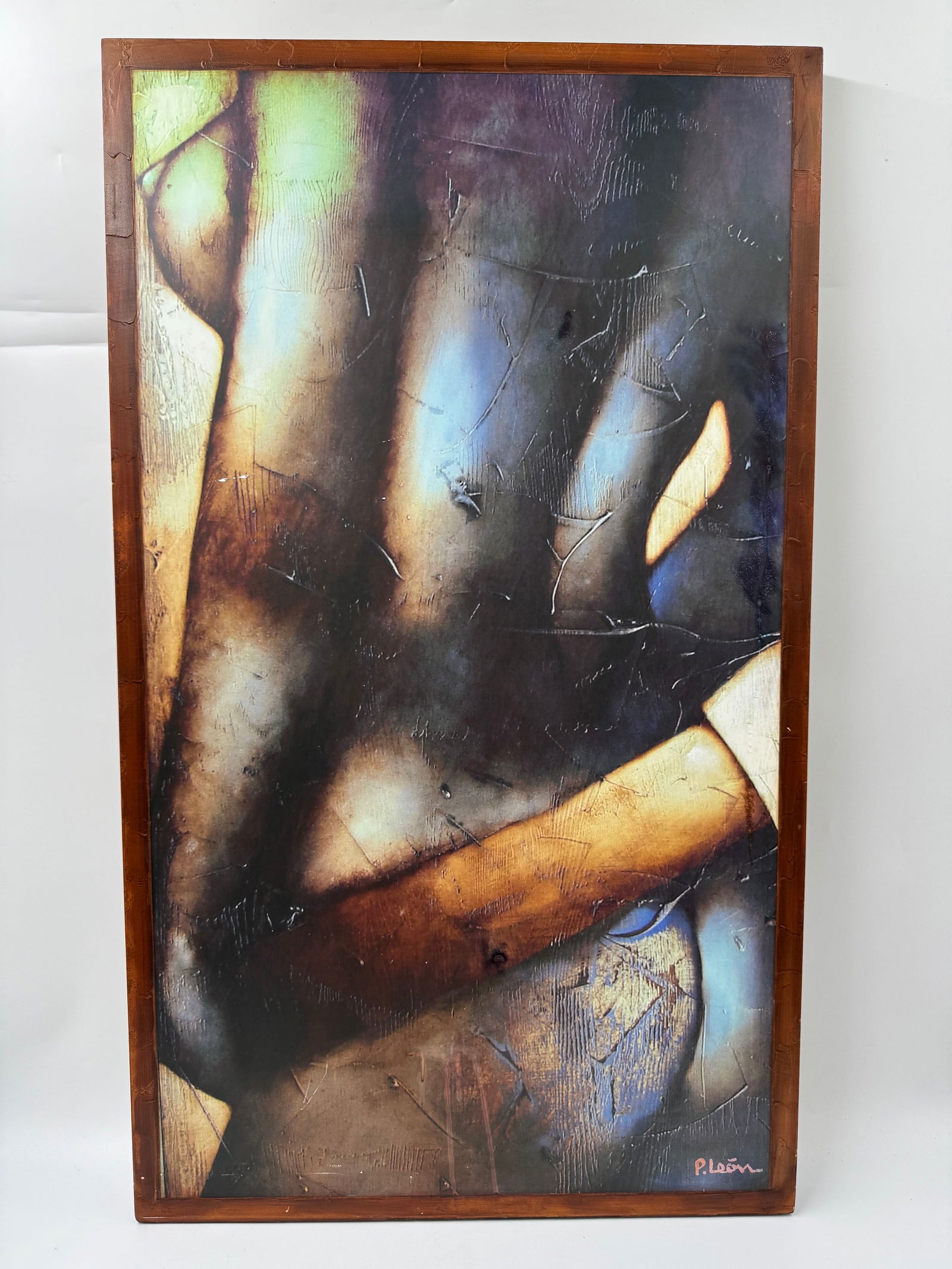 Abstract Nude by P. Leon (Cuban) Oil on Board: Description: Abstract expressionist painting by P. Leon, featuring a dynamic composition of shapes and colors. Signed lower right. Framed.Medium: oil on boardDimensions: H:40in W:24in