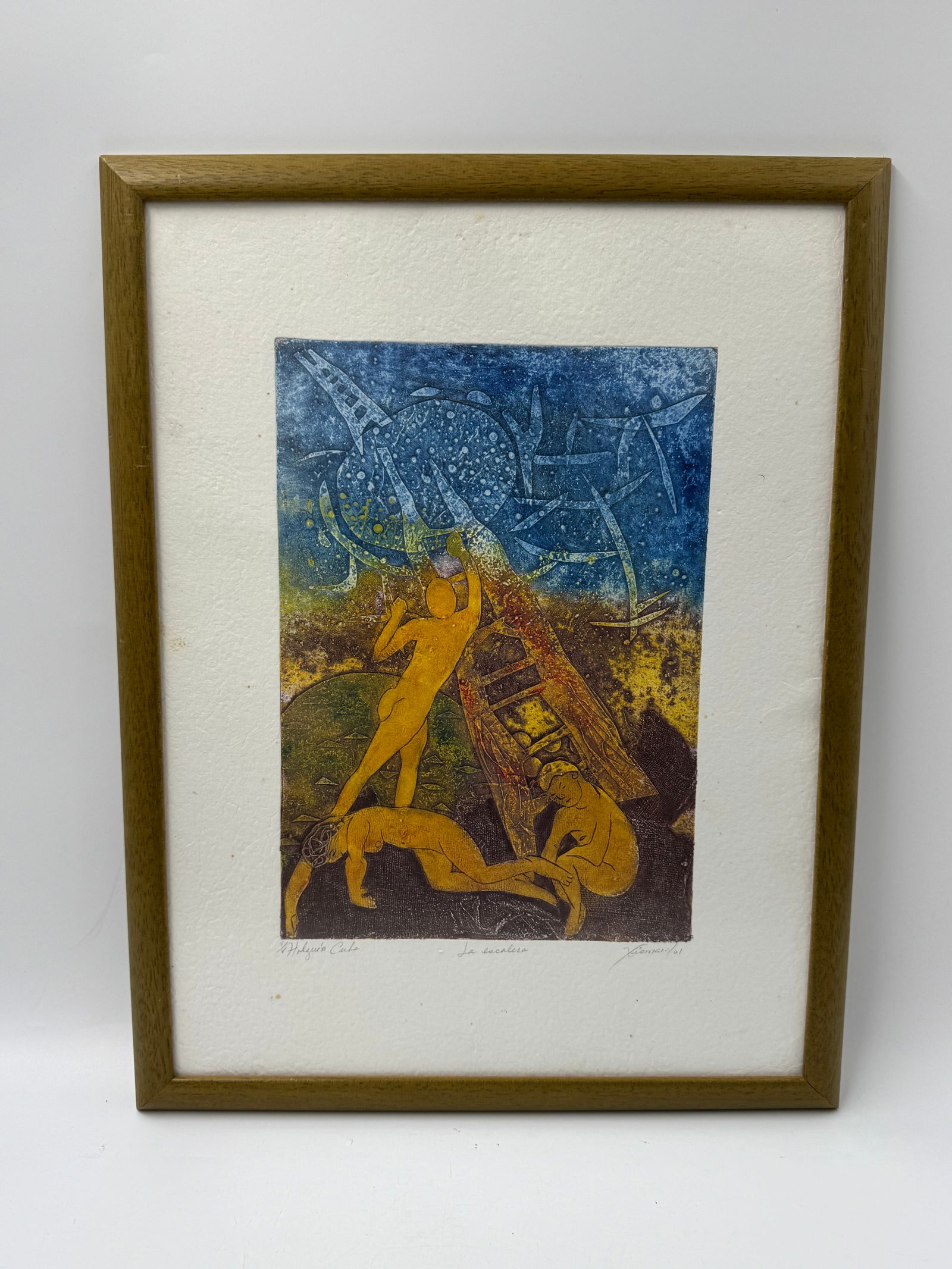 "La Escalera" by Xiomas (Cuban) Etching: Description: Titled "La Escalera" by Cuban artist Xiomas. Pencil signed and numbered. Medium: EtchingDimensions: H:21in W:16in