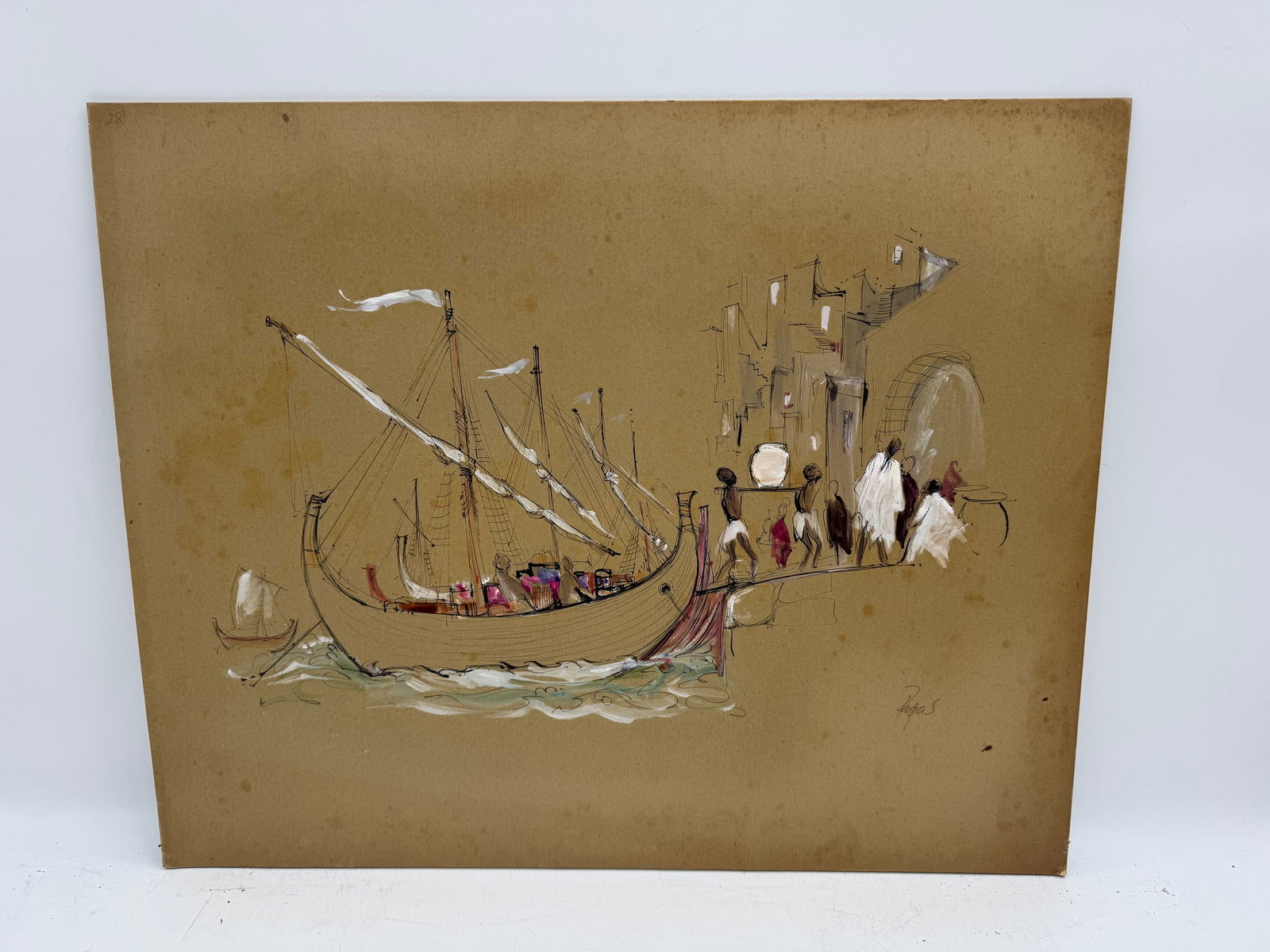 Coastal Scene with Boat, Mixed Media: Mixed media painting on board depicting a coastal scene with a boat and figures. Signed lower right. Measures approximately 27 x 22 inches.