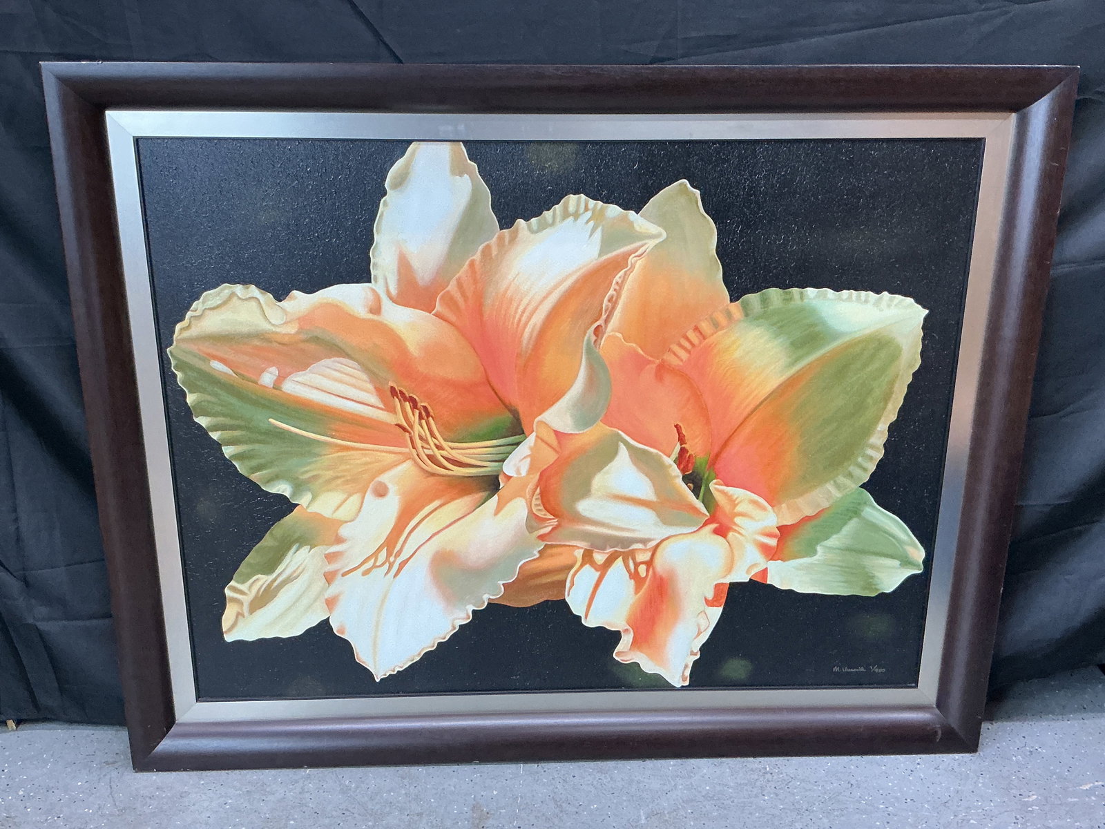 'Floral Radiance' by Michael Kuseske (American, b. 1950) Giclee: Framed print titled 'Floral Radiance' by Michael Kuseske, numbered 7/450. Features two large flowers in shades of orange, white, and green against a black background. Dimensions: H44in x L55.5