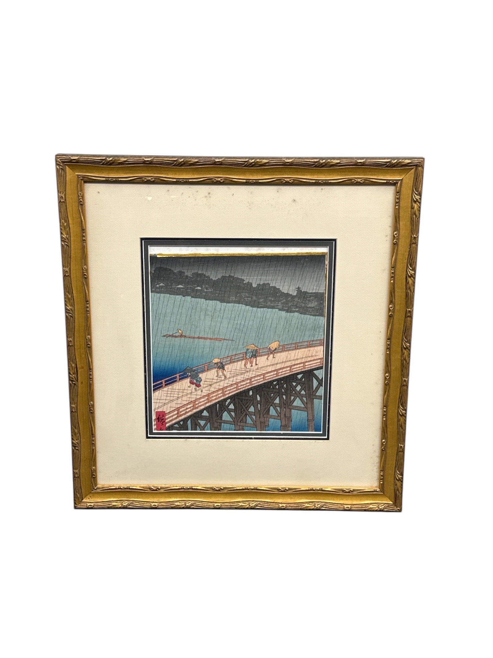 AFTER UTAGAWA HIROSHIGE: Framed Japanese Woodblock Reprint, "Sudden Shower over Shin-hashi Bridge (1 of 4)