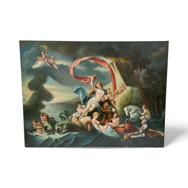 Large Mythological Oil Painting After Classical Master – Cherubs, Nymphs & Sea Gods Scene (1 of 3)