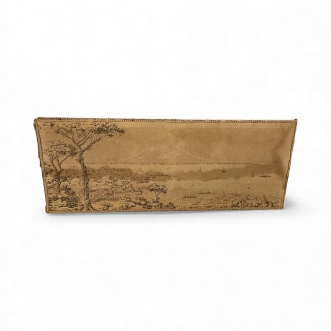 Antique Asian Landscape Textile Panel Ink Painted Scenic Wall Hanging: This elongated textile panel features a serene landscape scene rendered in ink on fabric, depicting trees, shoreline, and distant landforms in a restrained monochroma