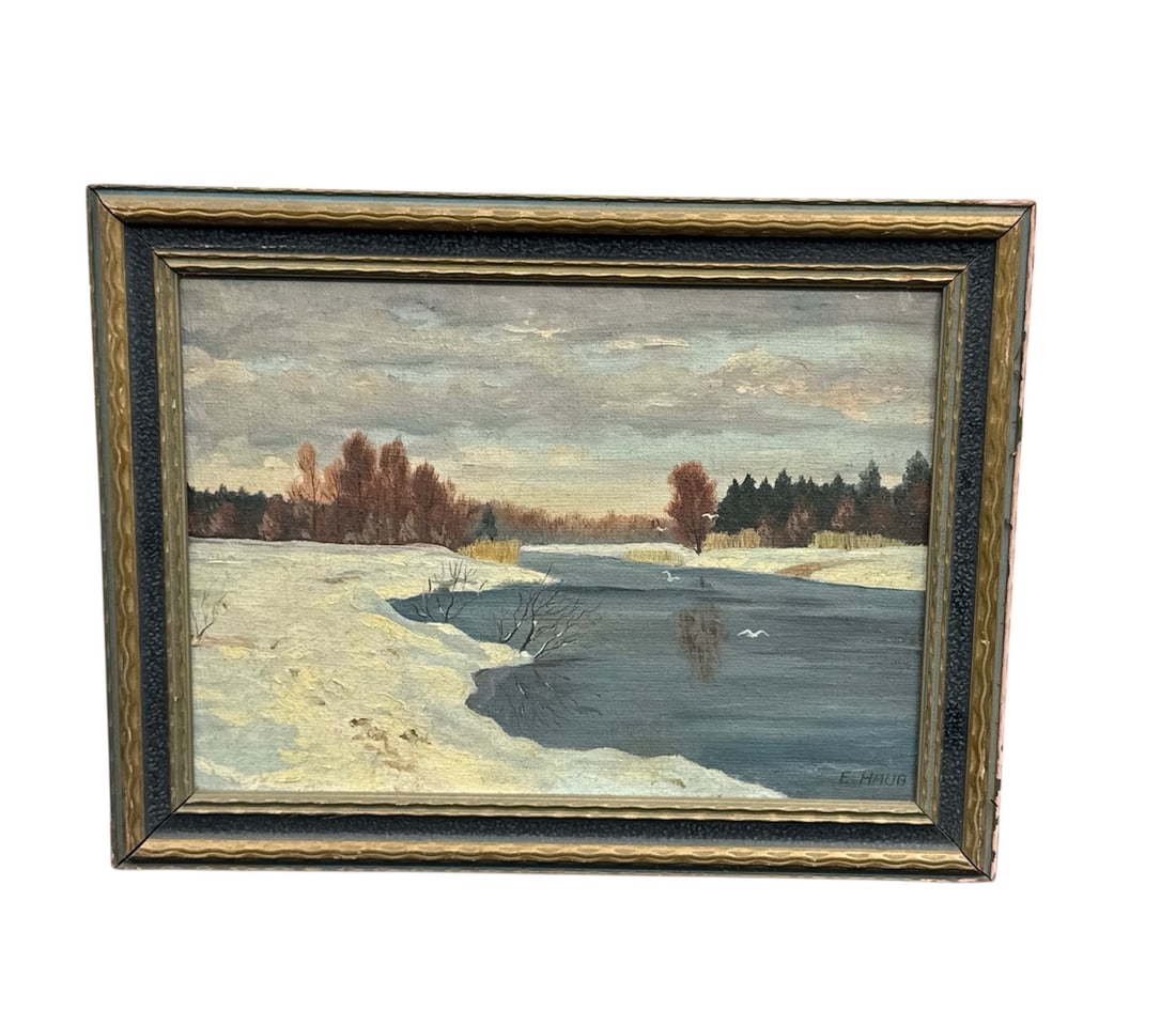 E. Haug Signed Winter River Landscape Oil Painting (1 of 4)