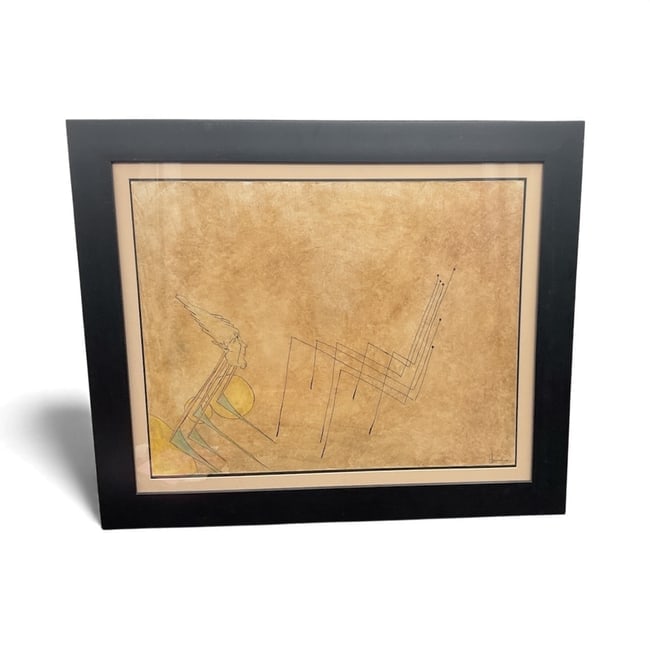 Alejandro Corao Minimalist Surreal Architectural Drawing: A minimalist surrealist drawing by Venezuelan artist Alejandro Corao, featuring fine linear structures that resemble abstract architectural forms rising from a soft textured background. Subtle touches