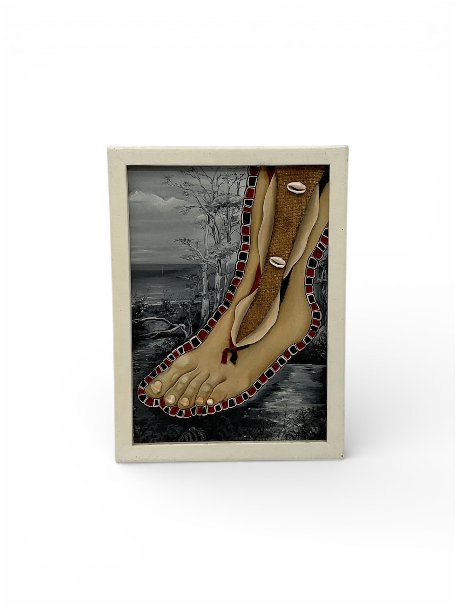 "Un paso antes de irte" by Jacqueline Brito Jorge (Cuban, b. 1973) Mixed Media: This evocative mixed media work, titled "Un paso antes de irte" (One step before leaving), is a significant early-career piece by the acclaimed Cuban ar