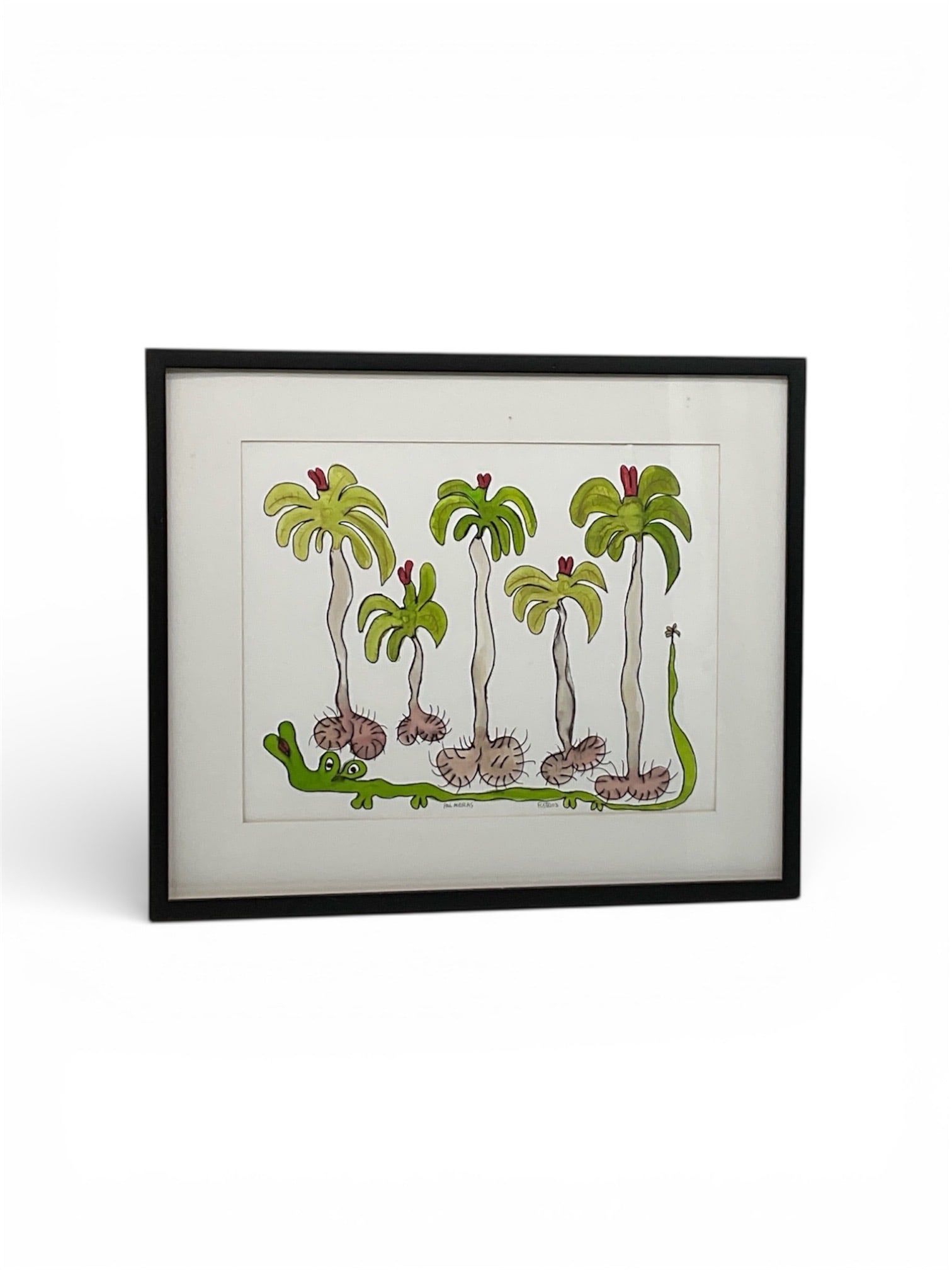 "Palmeras" by Jose Rodriguez Fuster (Cuban, 1946) Mixed Media: This 2003 work by the renowned Cuban artist José Fuster (born 1946) is a vibrant celebration of Caribbean life and landscape. The composition focuses on stylized palm trees (