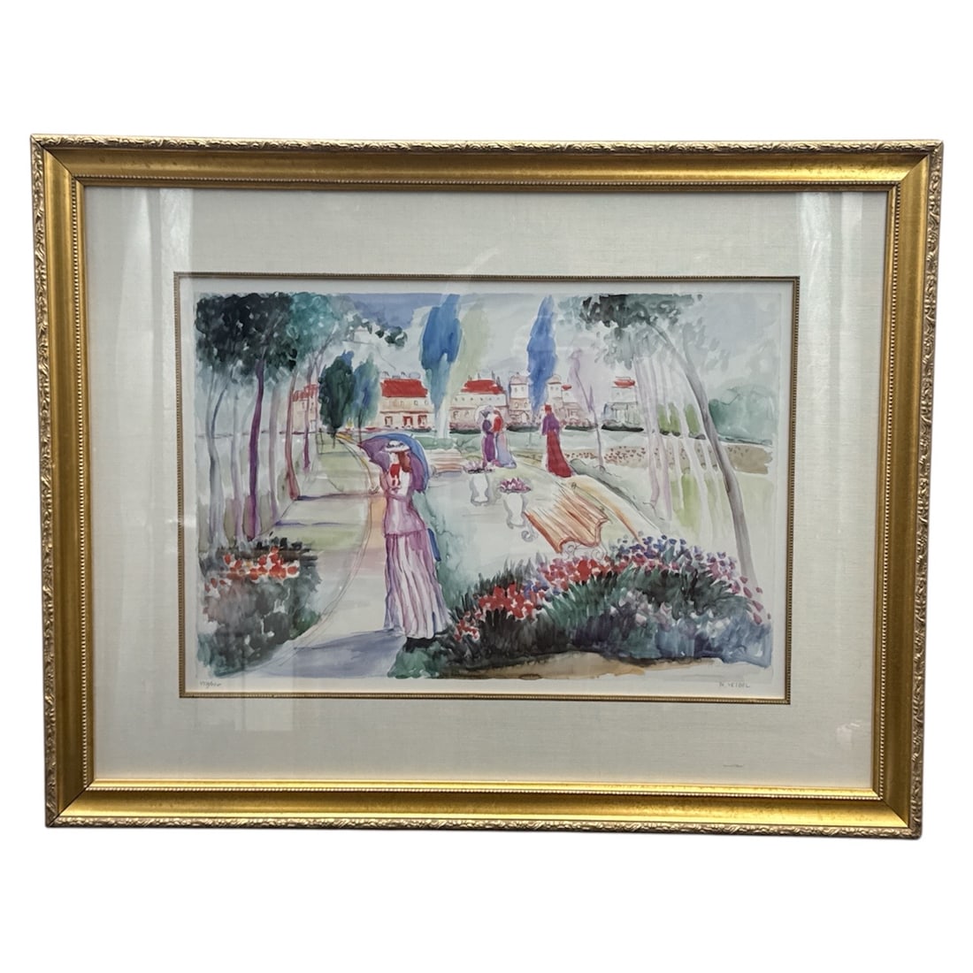 M. Leider Signed, Garden Park Scene 437/750 L.E.: Signed limited edition color print by M. Leider depicting a serene garden park scene with figures strolling along a landscaped pathway, floral plantings, and architectural elements in the distance. Re