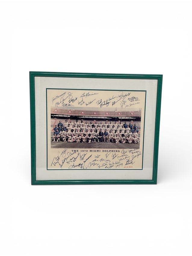 1972 Miami Dolphins Team Signed Display Featuring Hall of Fame Members with COA: Framed 1972 Miami Dolphins team photograph featuring an exceptional collection of authentic autographs from Hall of Fame players and key members of the historic Dolphins era. Visible signatures includ