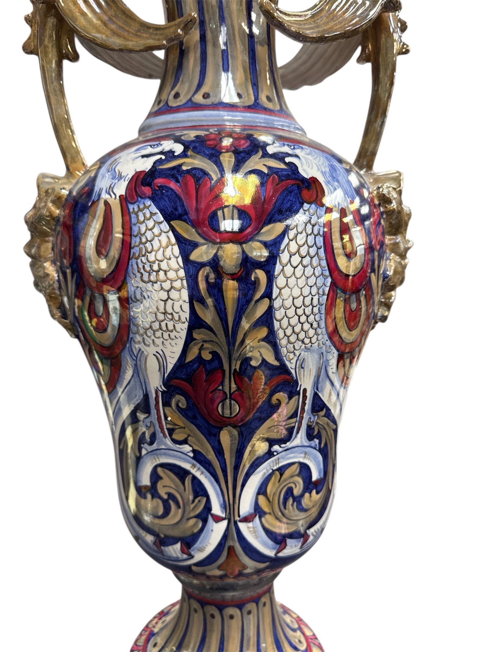 Remigi Gualdo T. Italian Style Porcelain Urn Vase with Gilt Handles: Impressive large porcelain urn vase marked Remigi Gualdo T., featuring richly detailed multicolor decoration with elaborate scrollwork, floral motifs, and classical bird designs. The piece is accented