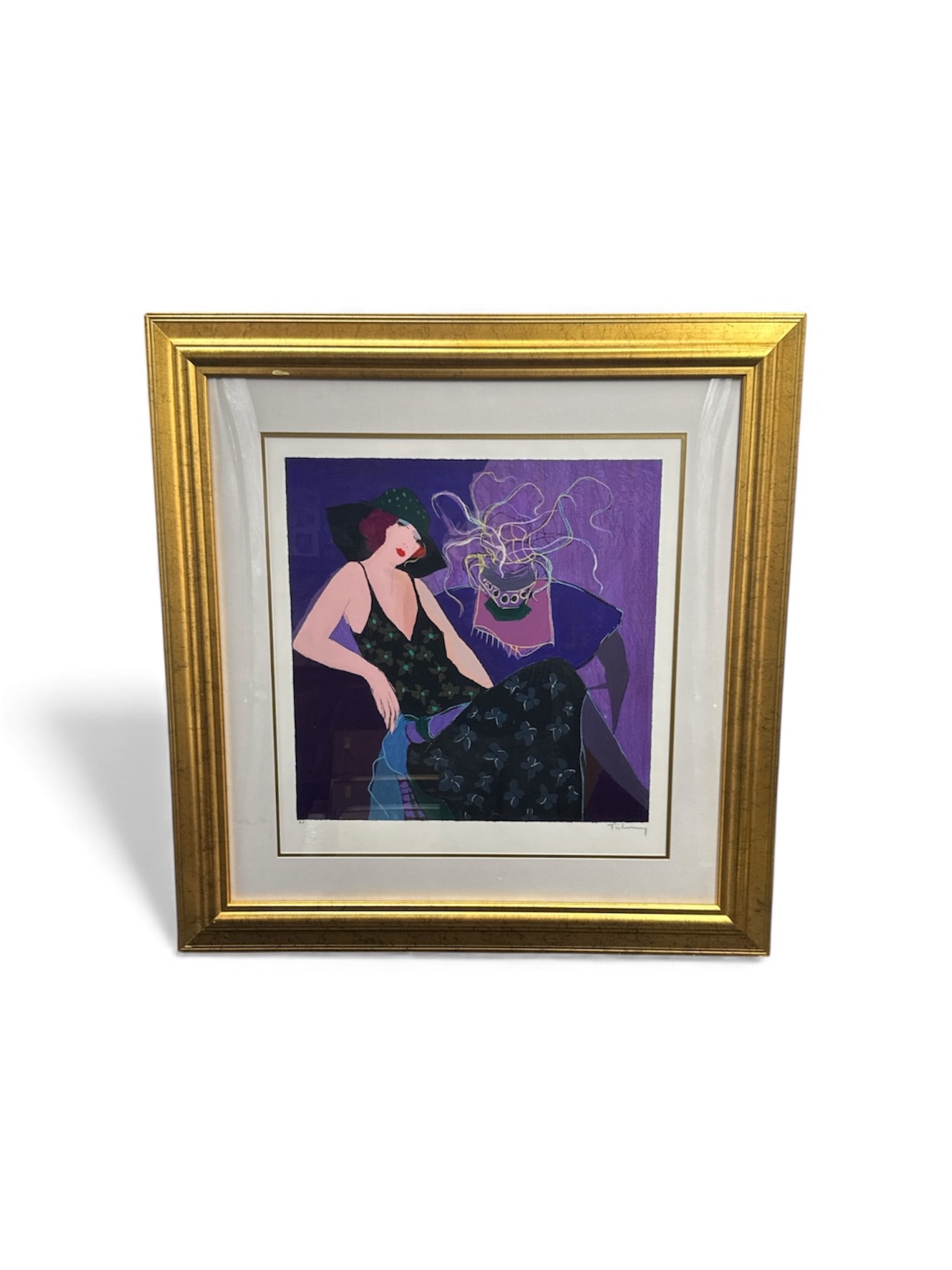 "Bonjour La Vie I" by Itzchak Tarkay (Yugoslavian/Hungarian 1935-2012) (A.P.) w/ COA: Limited Edition elegant figurative serigraph depicting a stylish woman in a patterned dress seated beside a small table with flowers, rendered in Tarkay’s signature vibrant palette of purples an