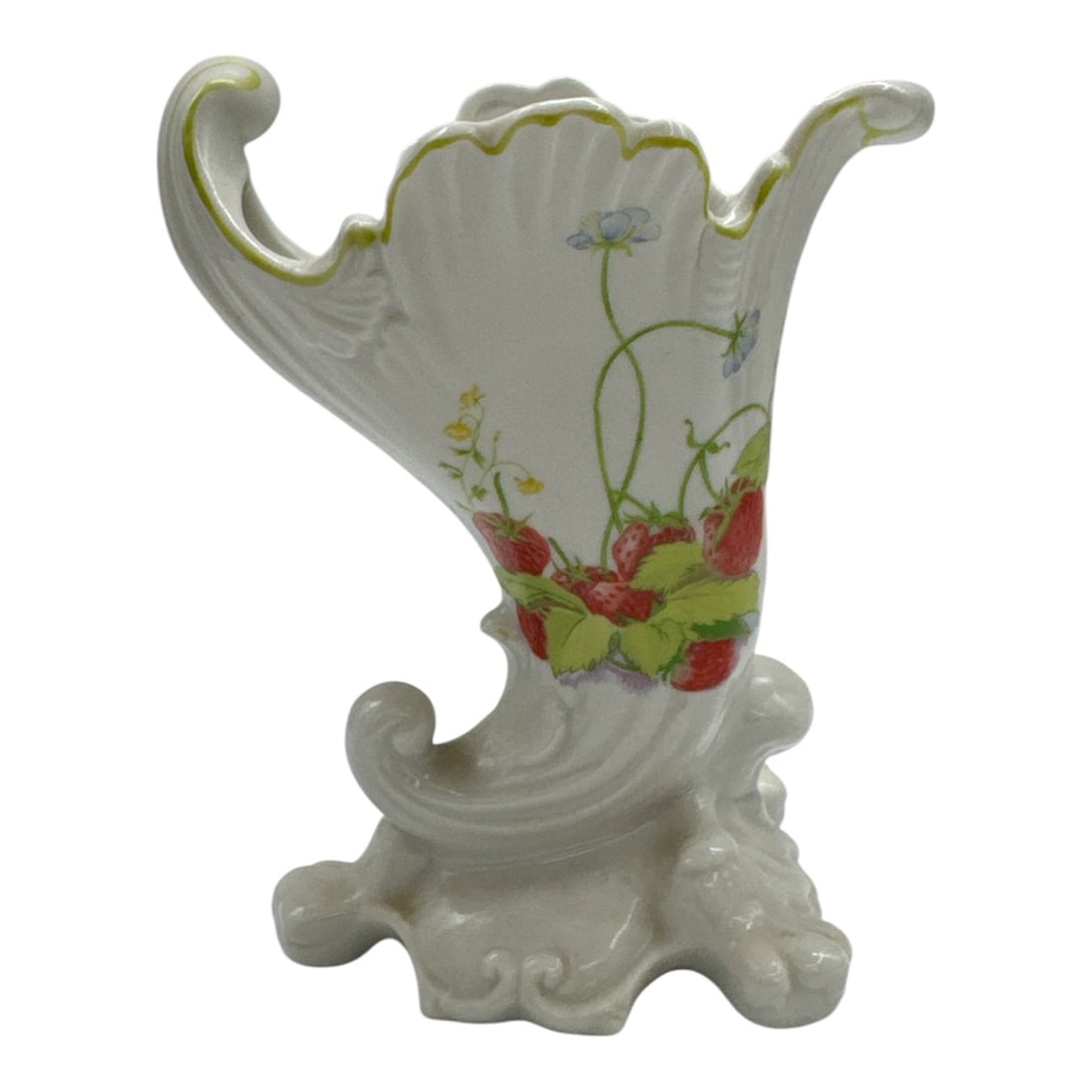 Strawberry Hill Fine China Vase with Floral Decoration: Decorative porcelain vase by Strawberry Hill Fine China, featuring an elegant fluted form with scrolling handles and a pedestal base. The exterior is adorned with a col