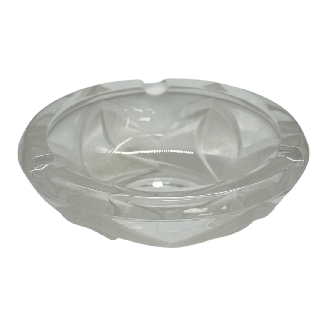 Frosted Glass Bowl with Geometric Etched Design: Elegant frosted glass bowl featuring a low rounded form with stylized geometric and leaf-like etched panels around the exterior. The softly textured finish and clean modern shape make it a versatile d