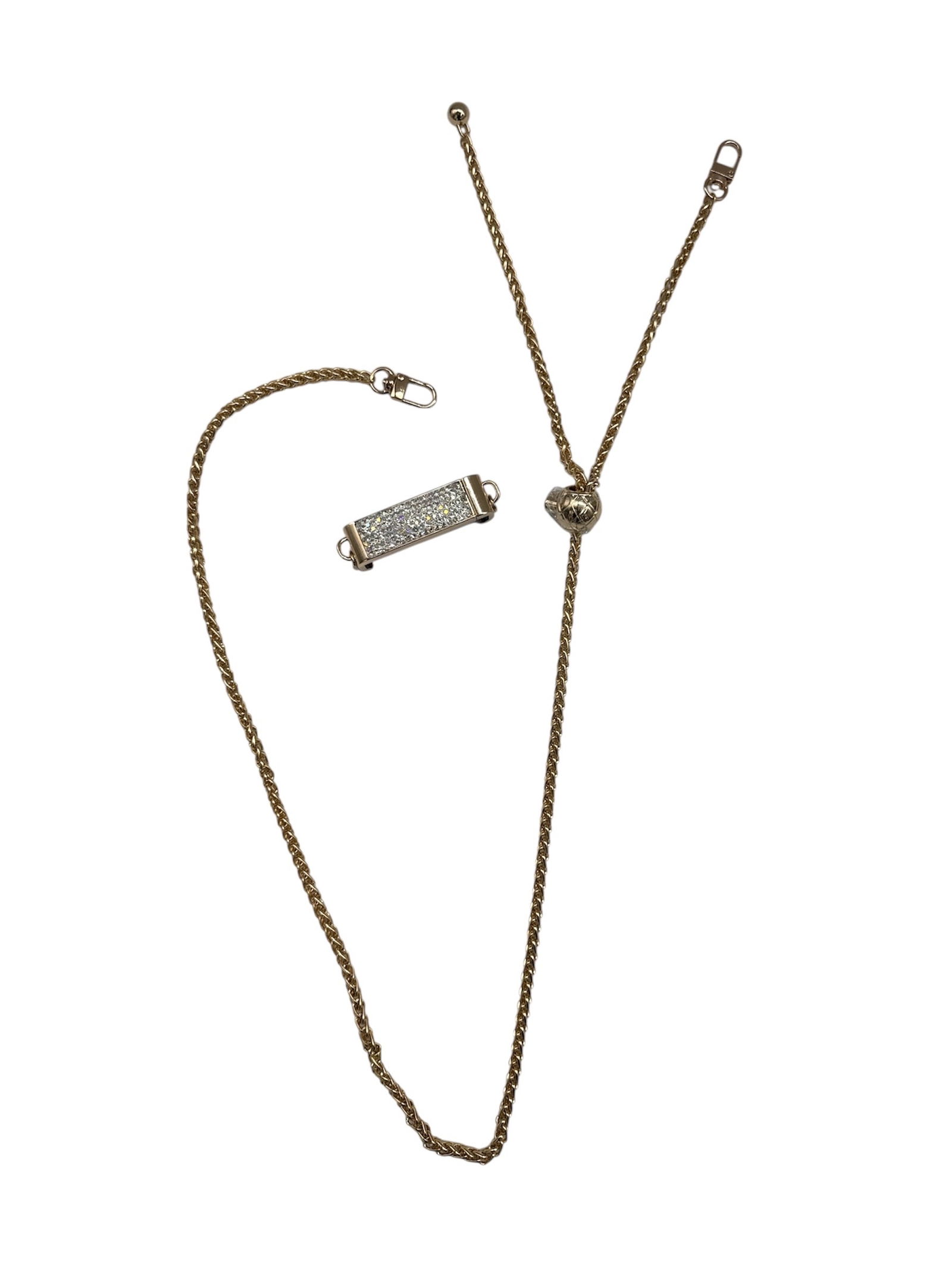 Vintage Gold-Tone Chain Necklace or Belt with Rhinestone Clasp Detail: Delicate vintage gold-tone chain piece that may be worn as a necklace or decorative belt, featuring a fine link design and a rhinestone-set clasp element. The adjustab