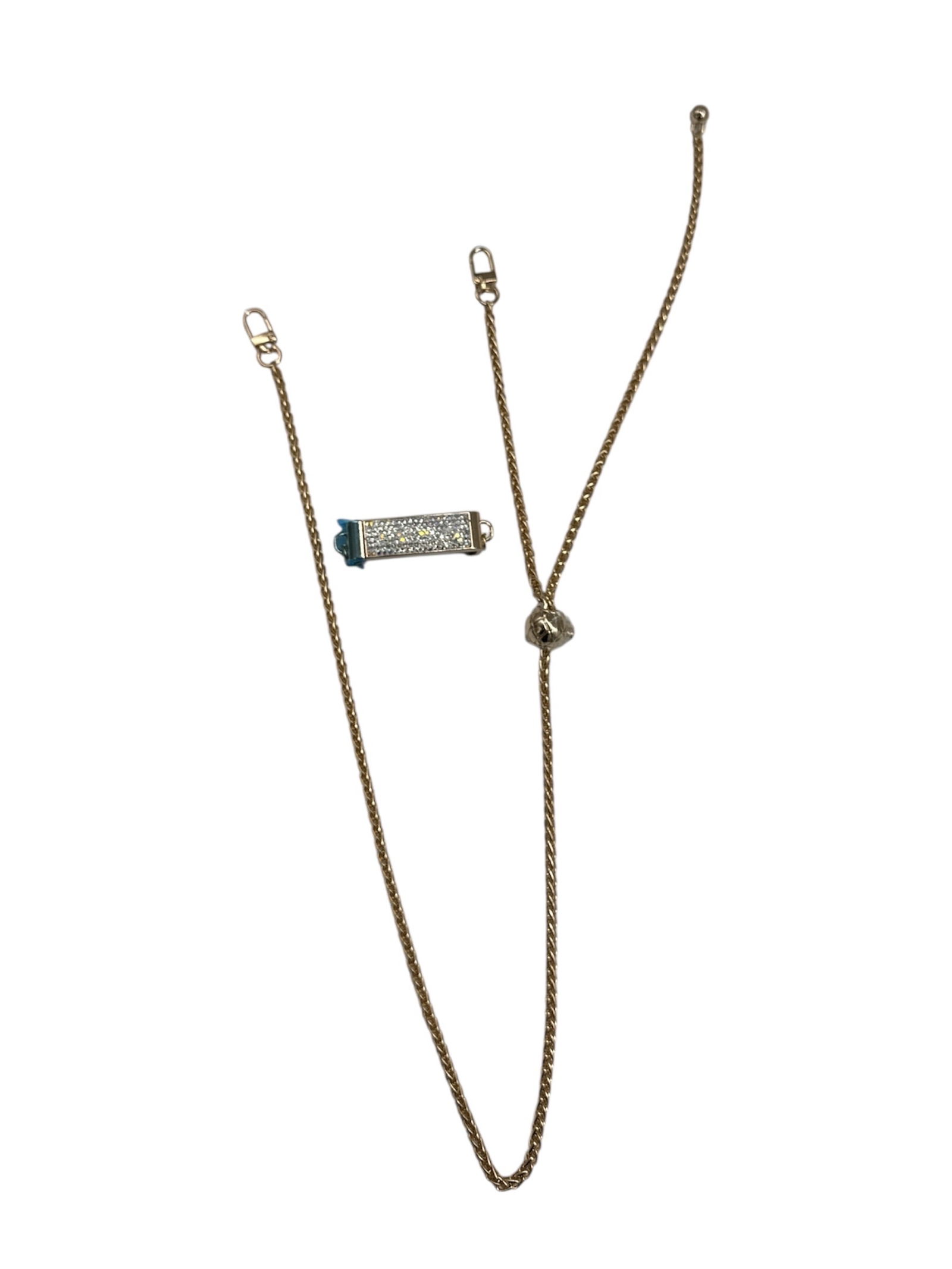 Vintage Gold-Tone Chain Necklace or Belt with Rhinestone Clasp Detail: Delicate vintage gold-tone chain piece that may be worn as a necklace or decorative belt, featuring a fine link design and a rhinestone-set clasp element. The adjustab