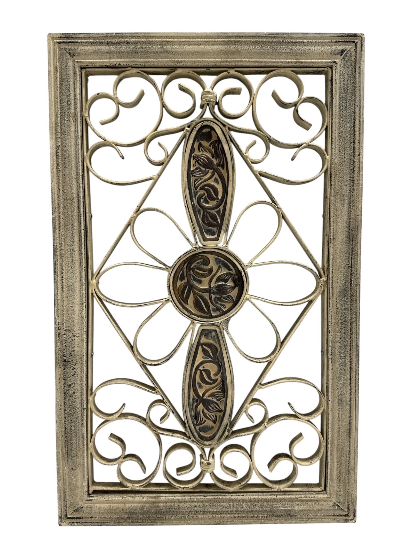 Decorative Metal Scrollwork Wall Panel with Framed Design: Attractive decorative metal wall panel featuring an ornate scrollwork design with a central medallion and symmetrical floral motifs. Set within a rectangular frame with a distressed finish, this piece