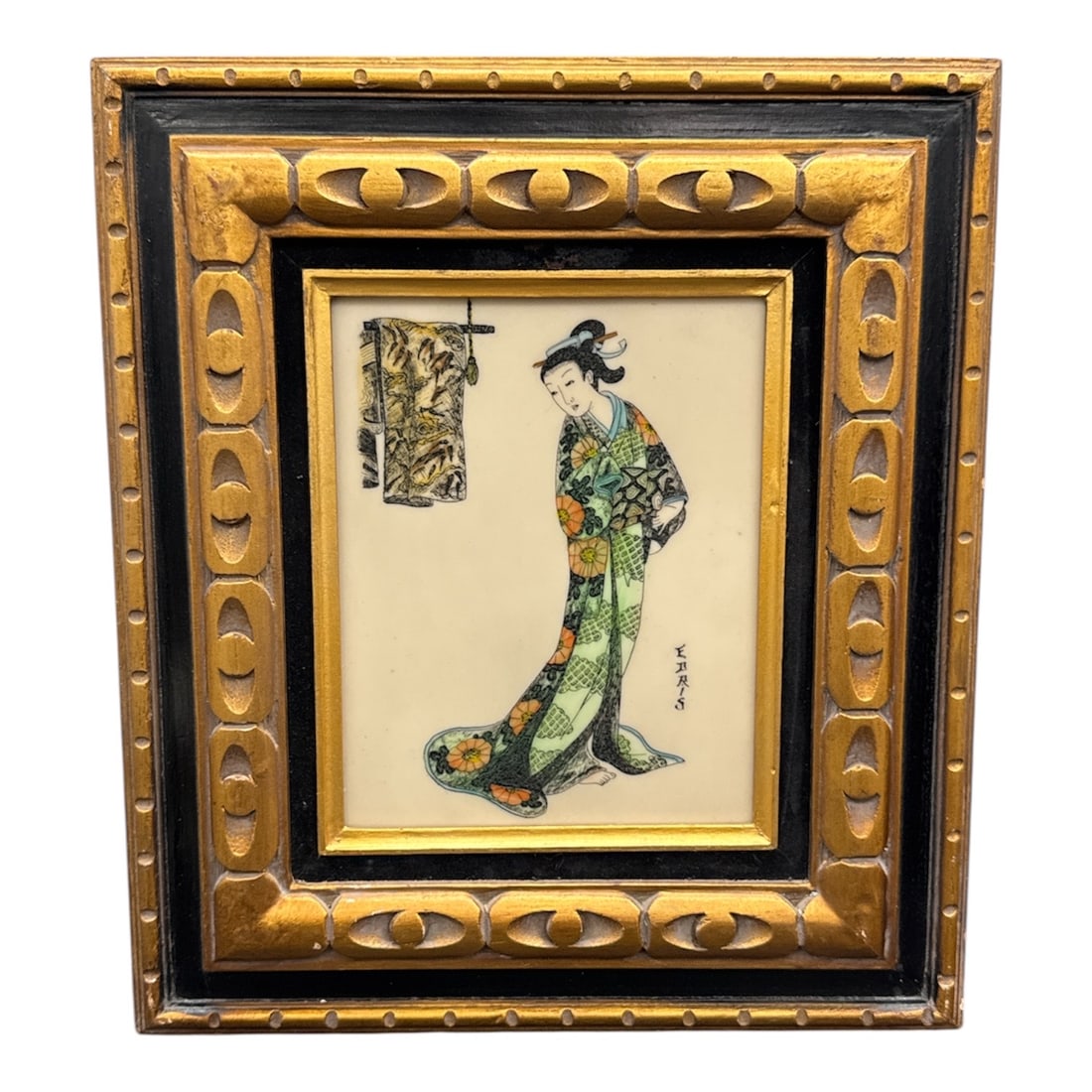 Japanese Hand Painted Ceramic Tile of Geisha Figure: Hand painted ceramic tile depicting a standing geisha figure dressed in an intricately patterned kimono, rendered in vibrant tones of green, orange, blue, and black. The composition includes fine line