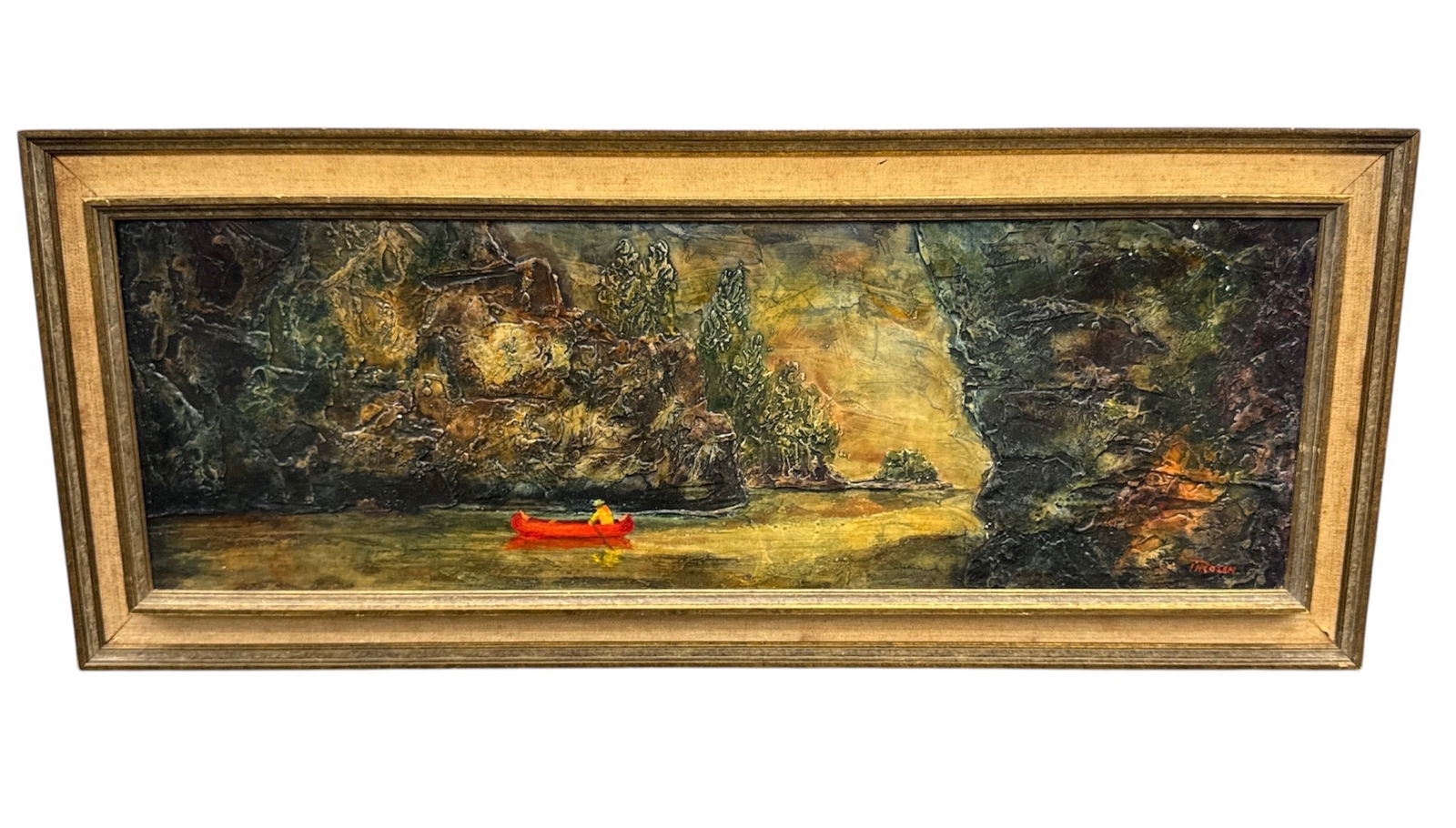 Rosen Signed Impressionistic River Landscape Painting: Impressionistic landscape painting by I. Rosen depicting a tranquil river scene framed by rugged rock formations, with a small red boat providing a striking focal point within the composition. Execute