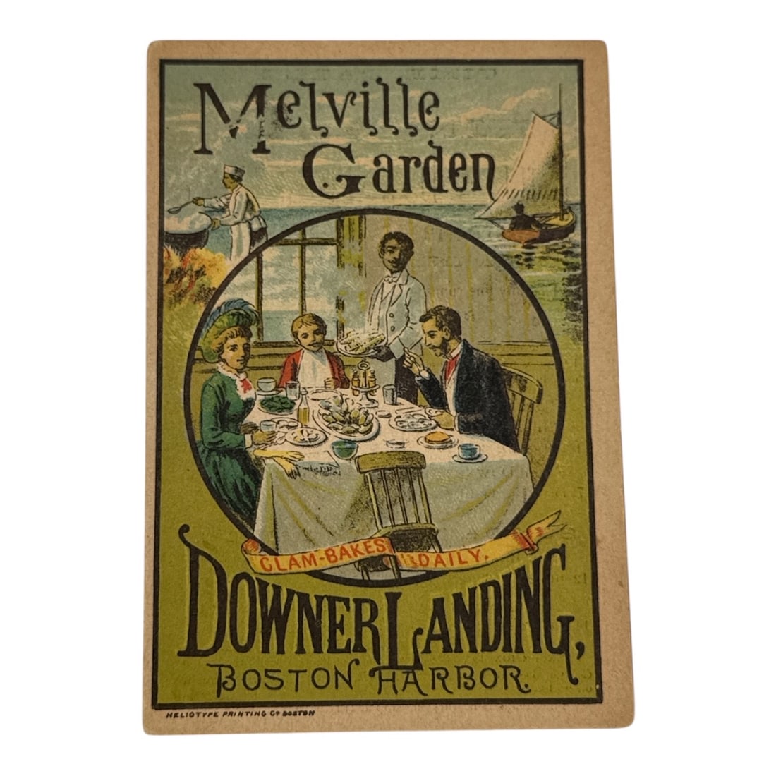Melville Garden / Downer Landing Boston Harbor Ephemera Card: Antique illustrated ephemera card promoting Melville Garden at Downer Landing, Boston Harbor, featuring period imagery of seaside recreation and steamboat travel. Incl