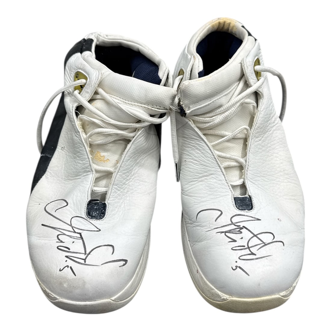 Jason Kidd Game-Used Signed Basketball Shoe Pair Air Jordan: Exceptional pair of game-used basketball shoes attributed to NBA star Jason Kidd, featuring bold autograph signatures across the toe areas. This Air Jordan player-style